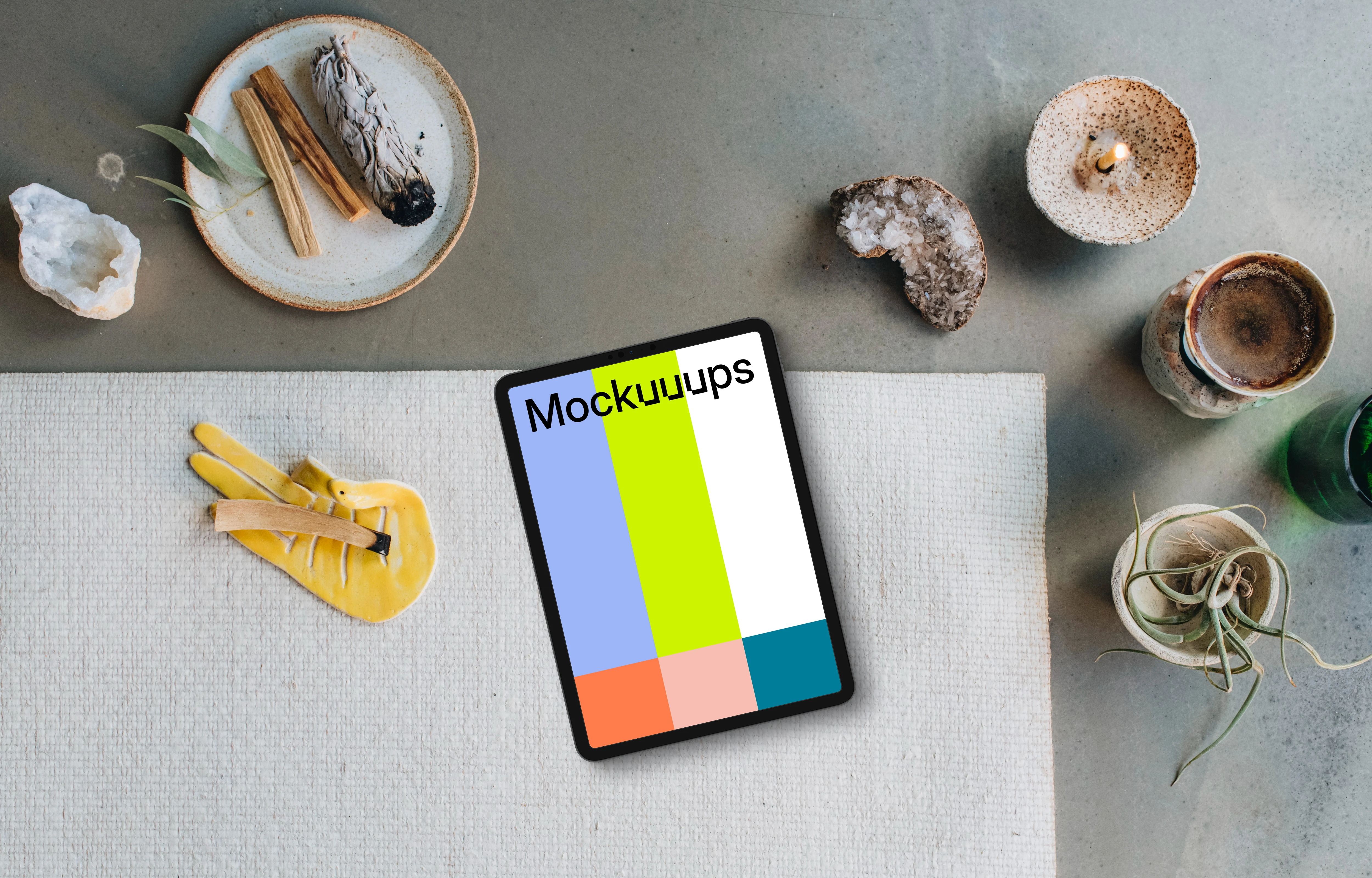 Comfortable lounging scene with an iPad mockup