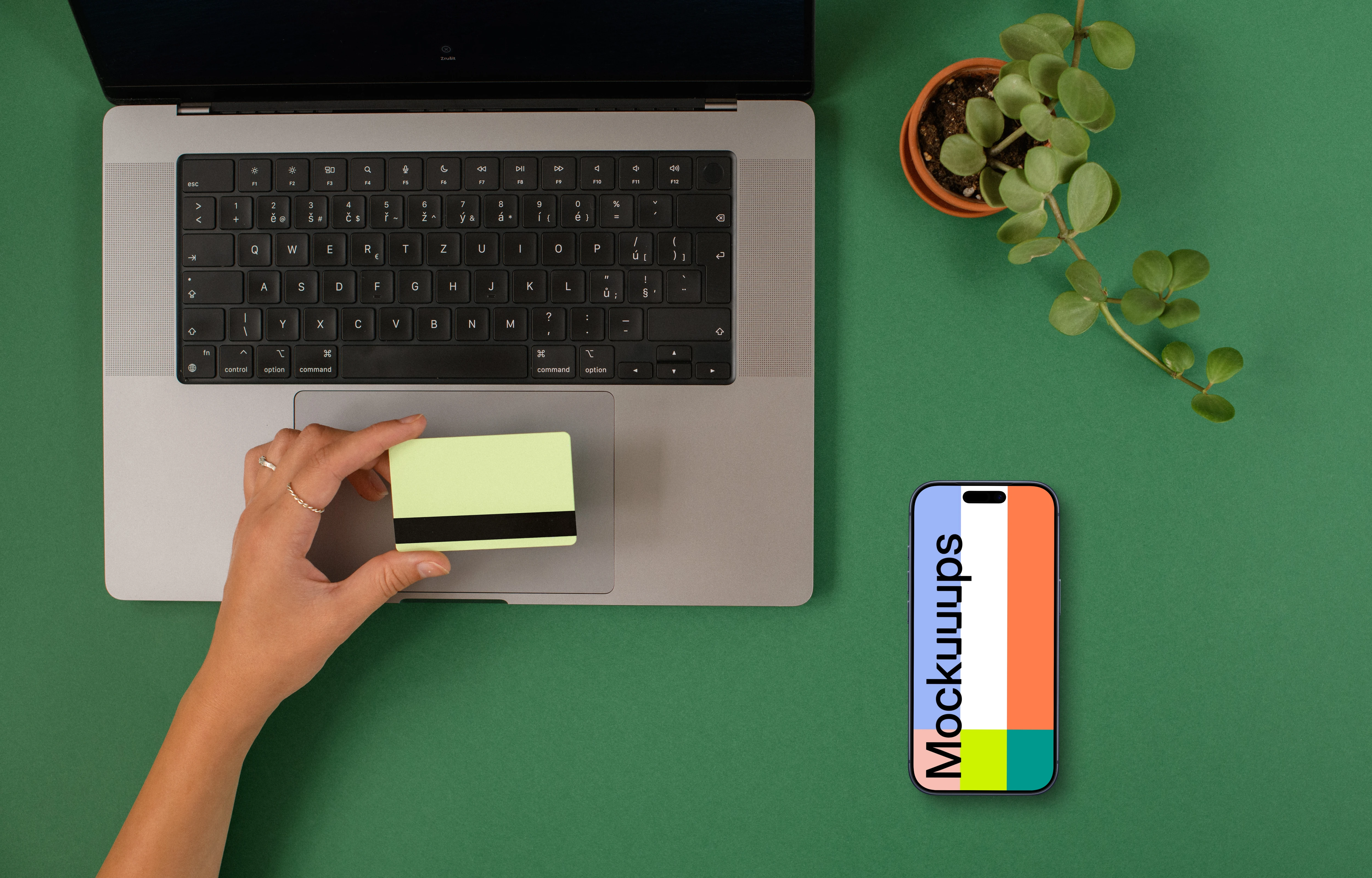 E-commerce themed iPhone mockup with green background