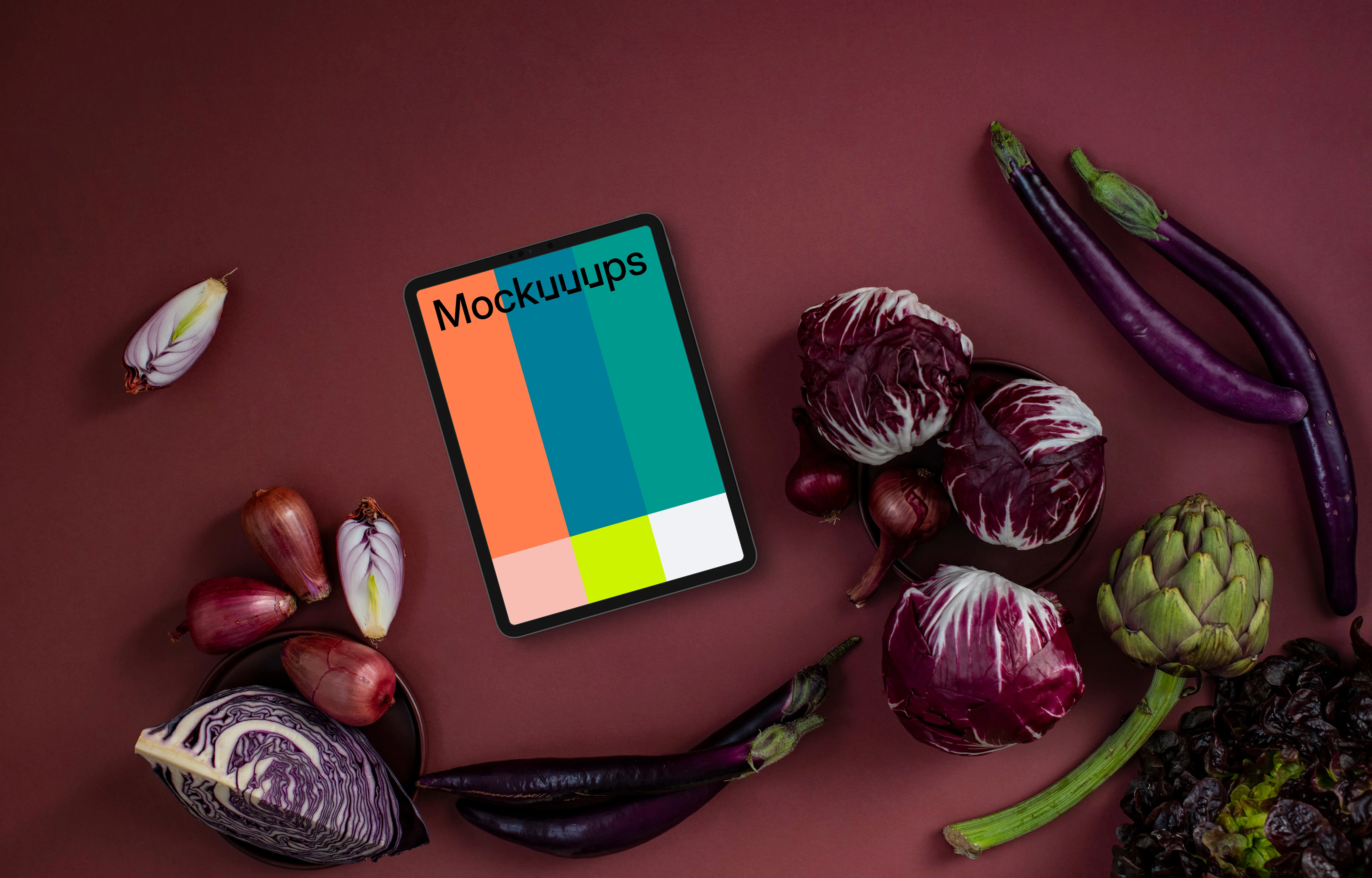 Food in Viva Magenta color shade next to the tablet mockup