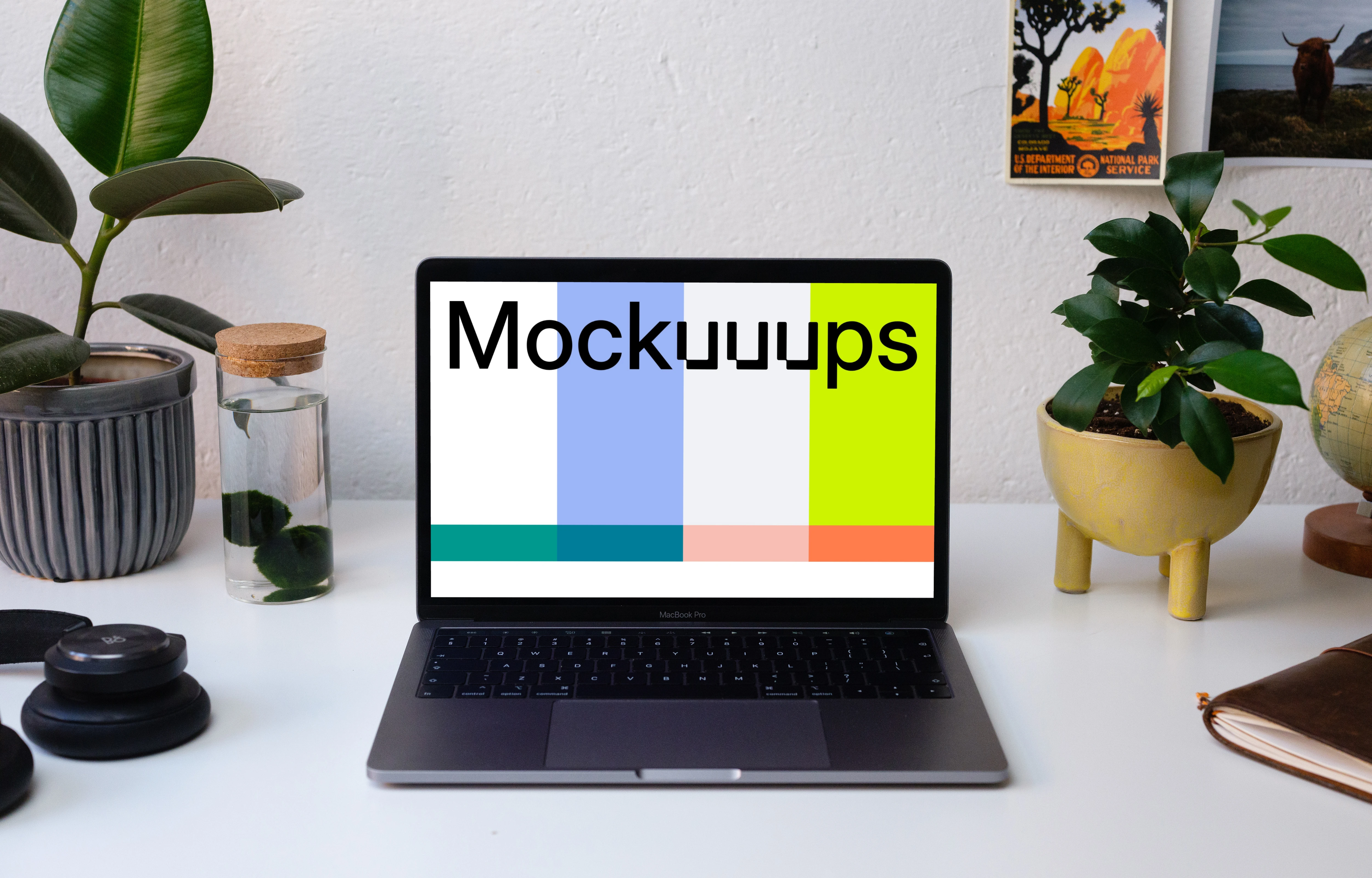 Front view of the Macbook Pro mockup on white table