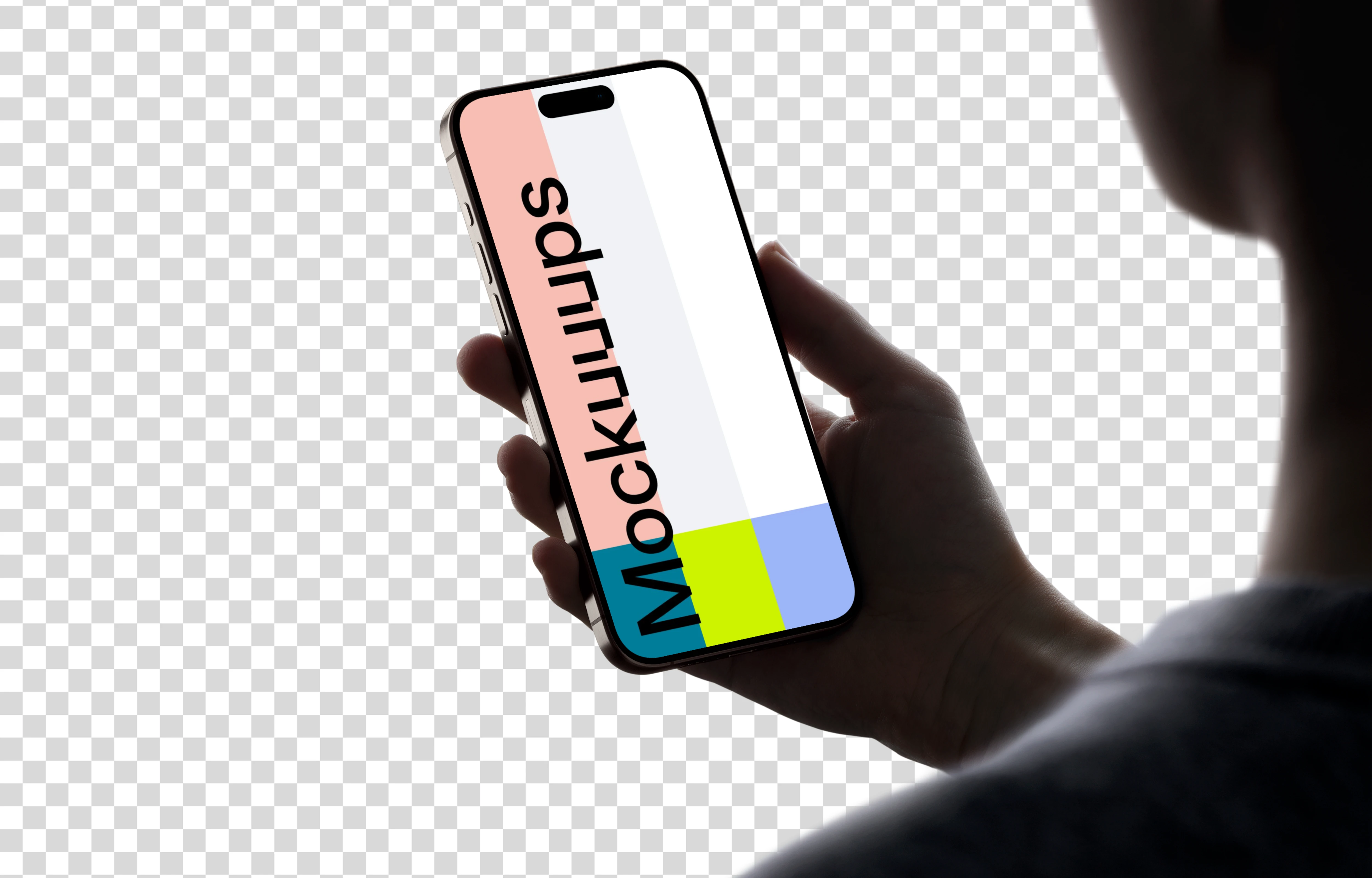 Hand holding iPhone 15 Pro mockup