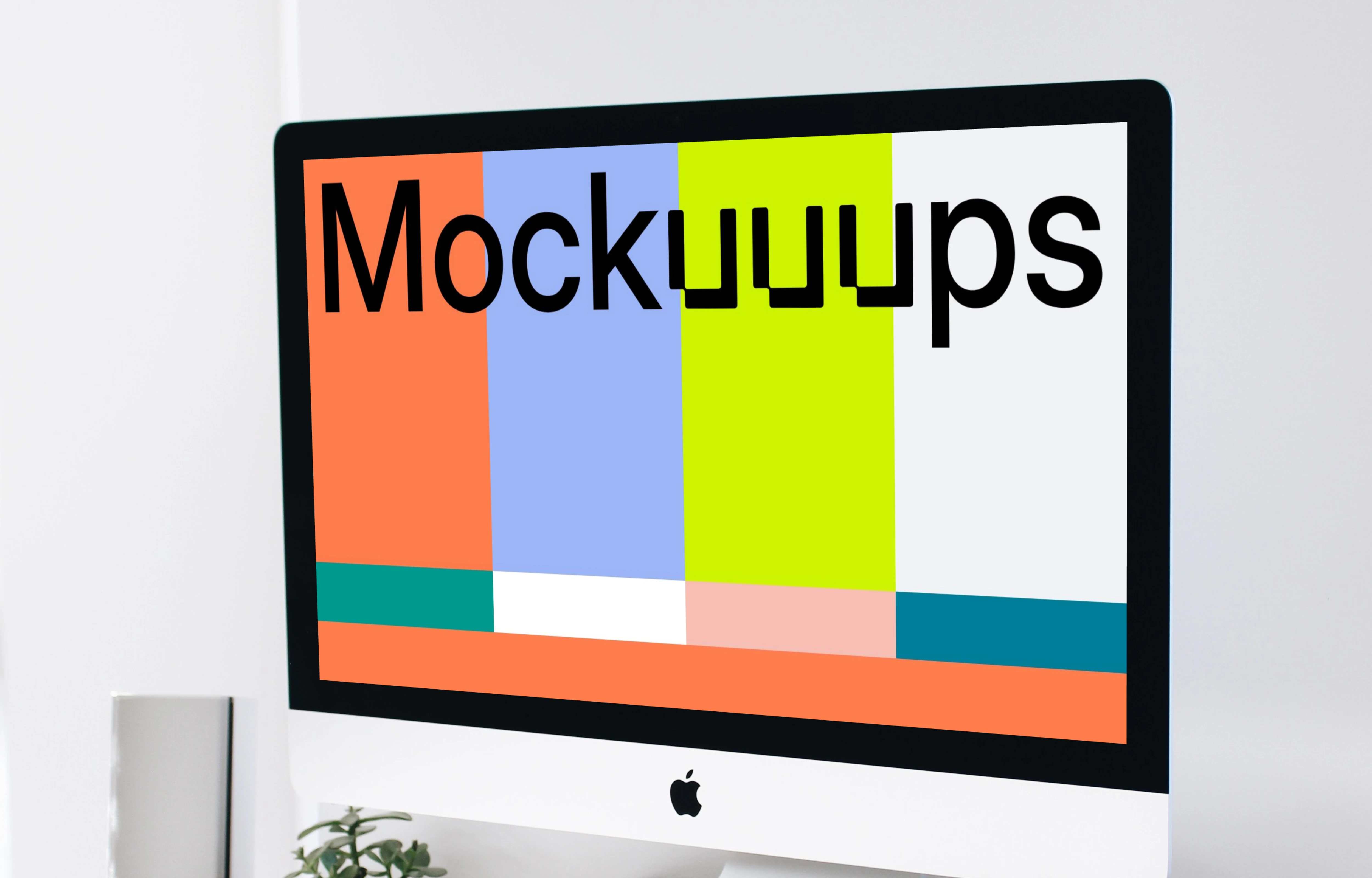 iMac mockup on a wooden stand in a home workstation