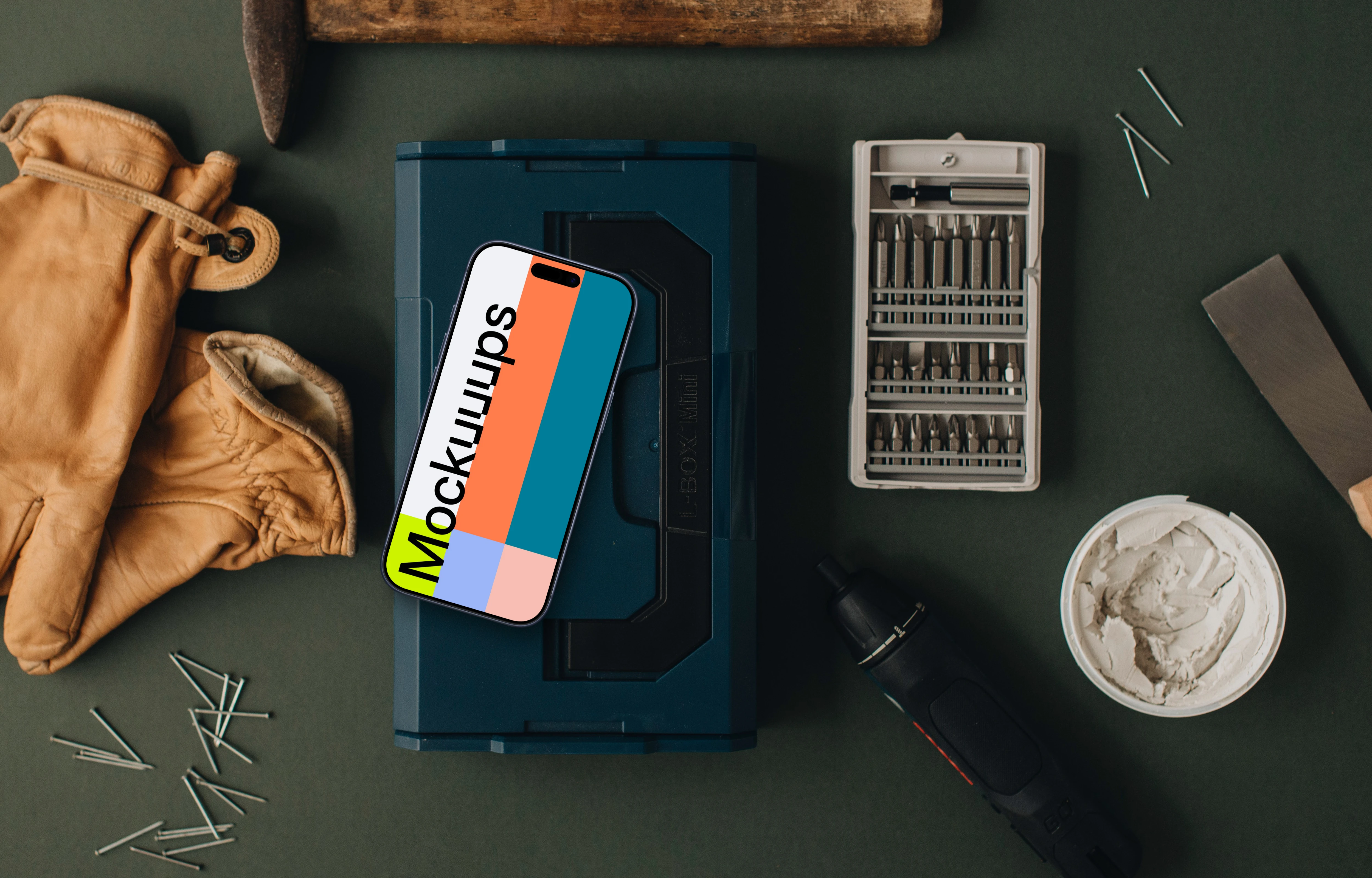 Smartphone mockup with essential workshop supplies