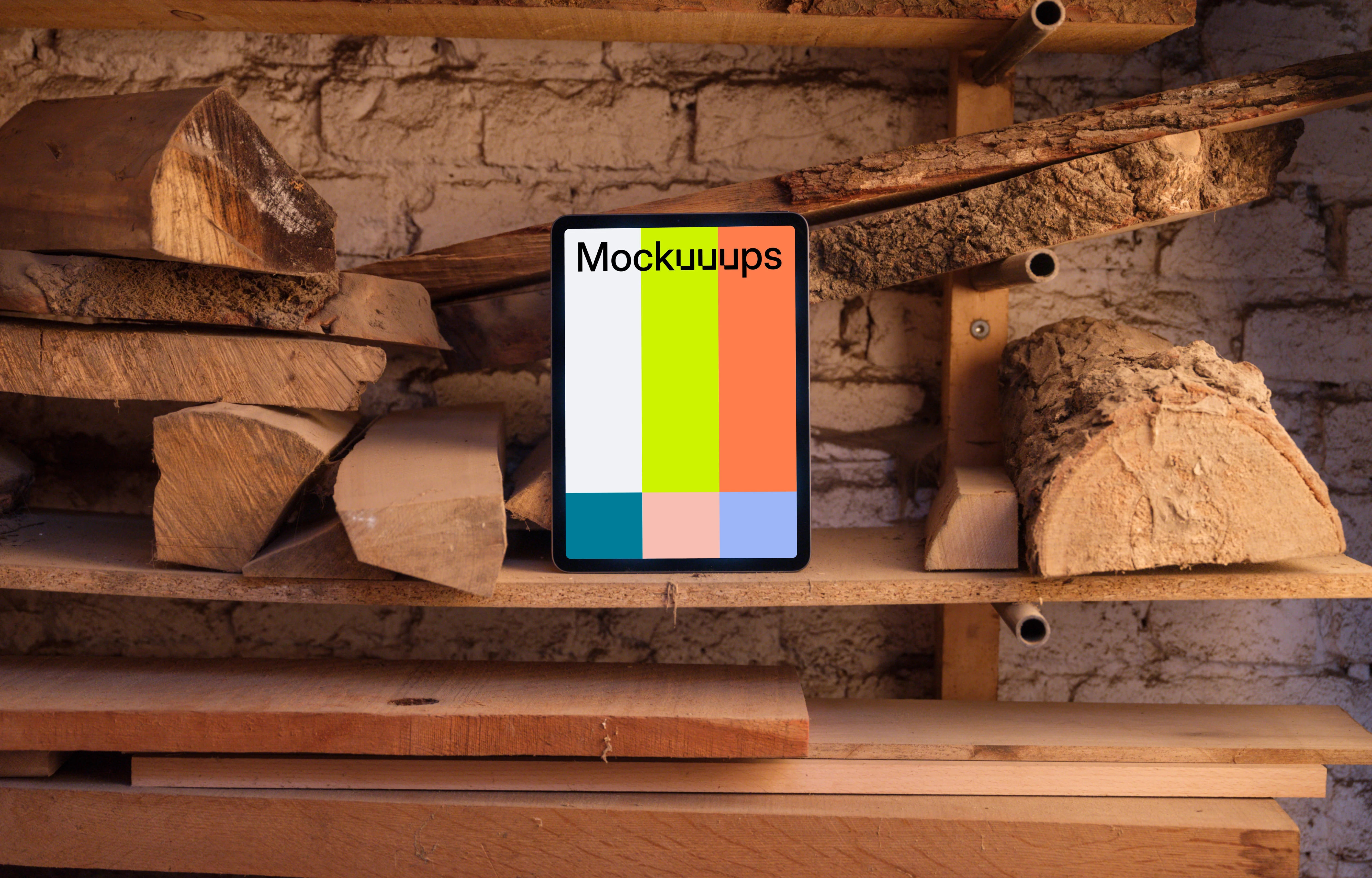 iPad Air mockup surrounded by wooden objects