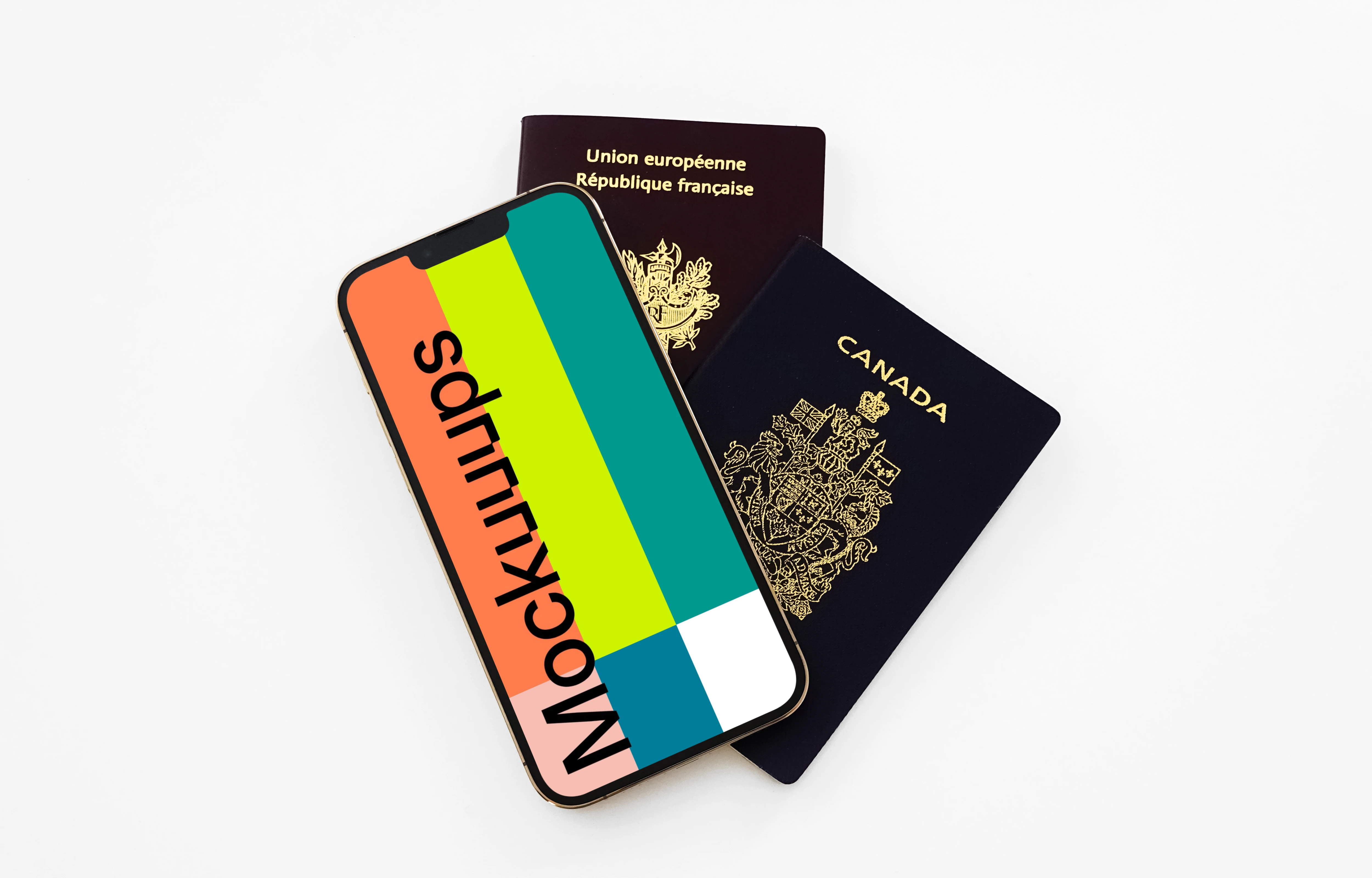 iPhone 13 mockup placed on two passports 