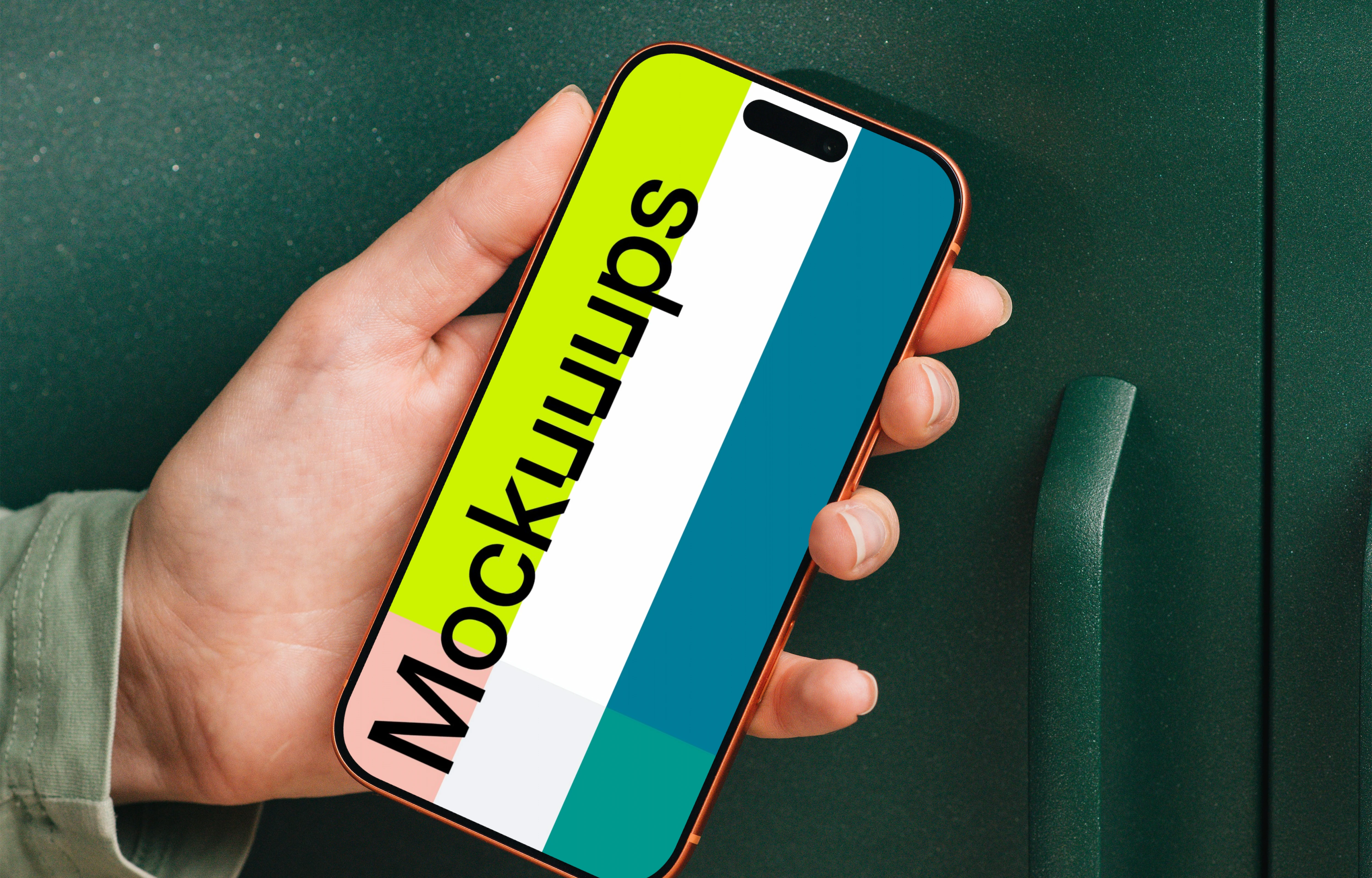 iPhone 17 Pro mockup held in hand against green cabinets