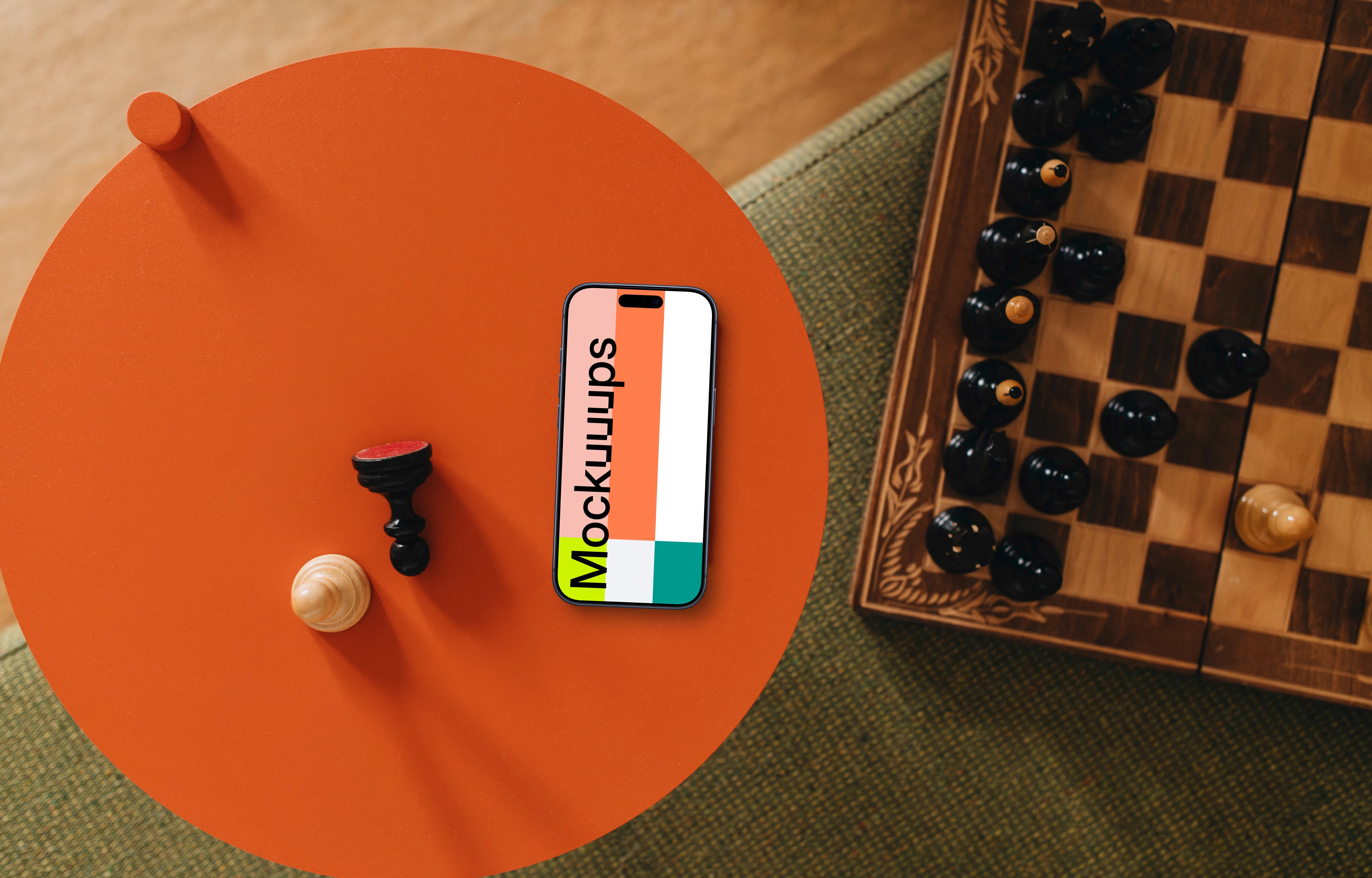 iPhone mockup next to the chess board game