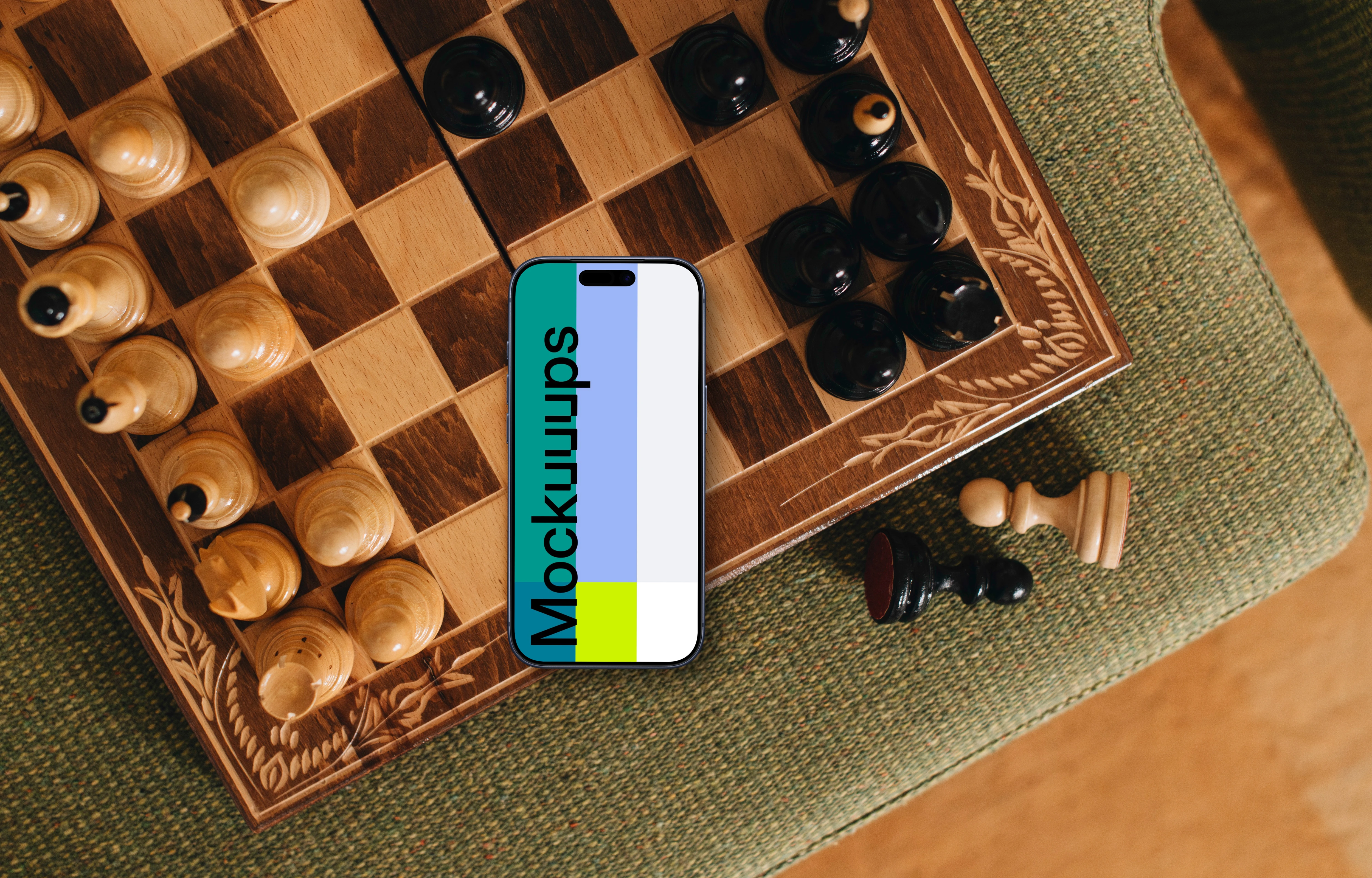 iPhone mockup on laying the chess board