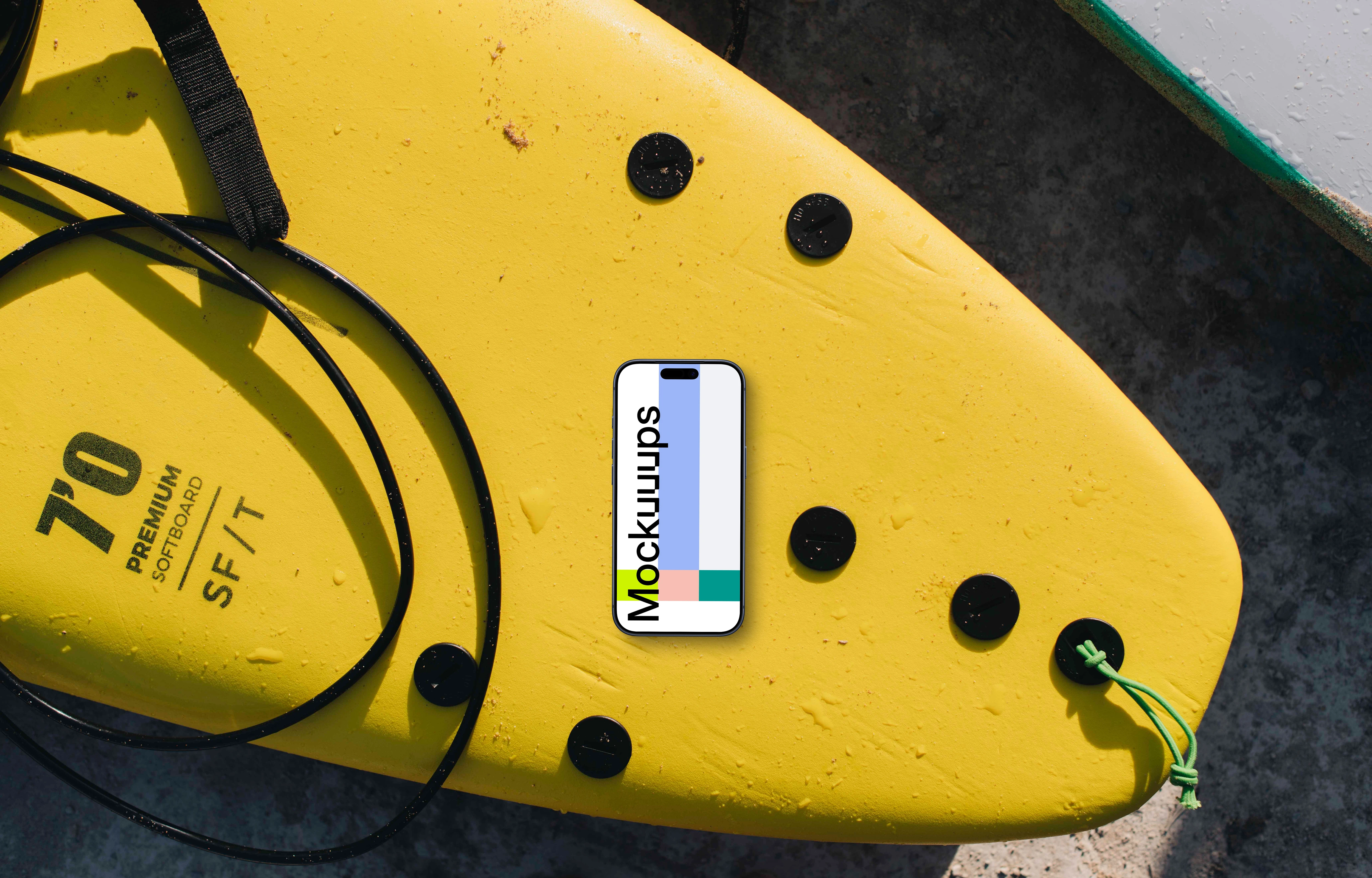 iPhone mockup on the surfboard