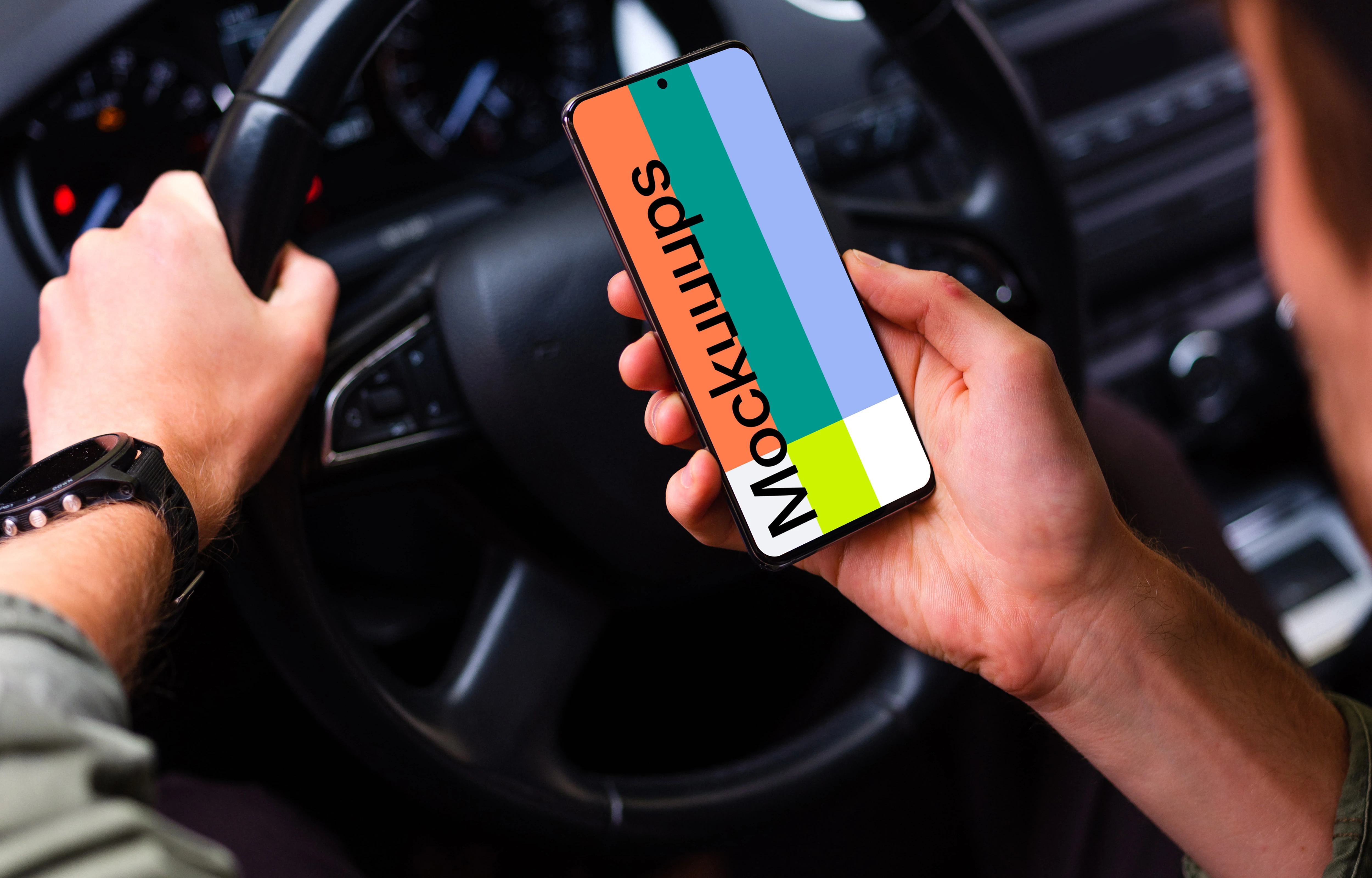 Driver parked up viewing Samsung S20 mockup at the wheel