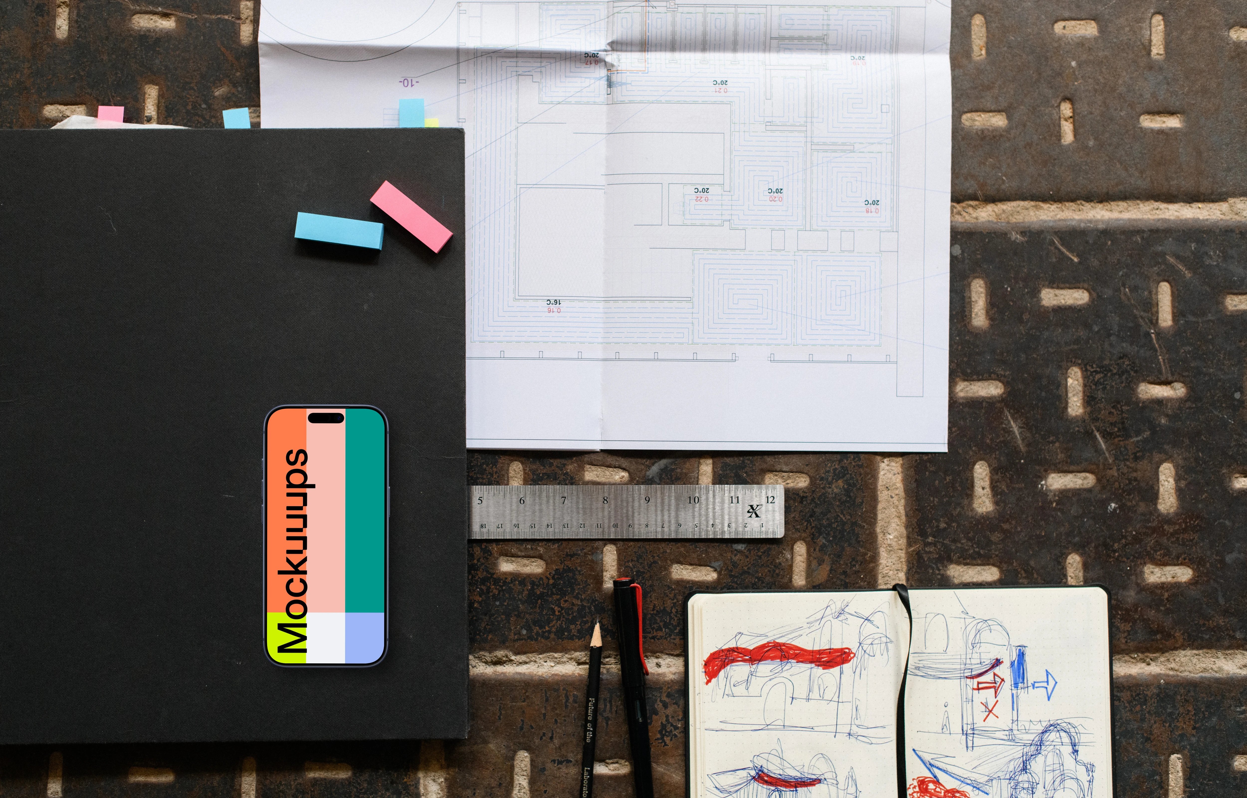 Smartphone mockup with architectural plans