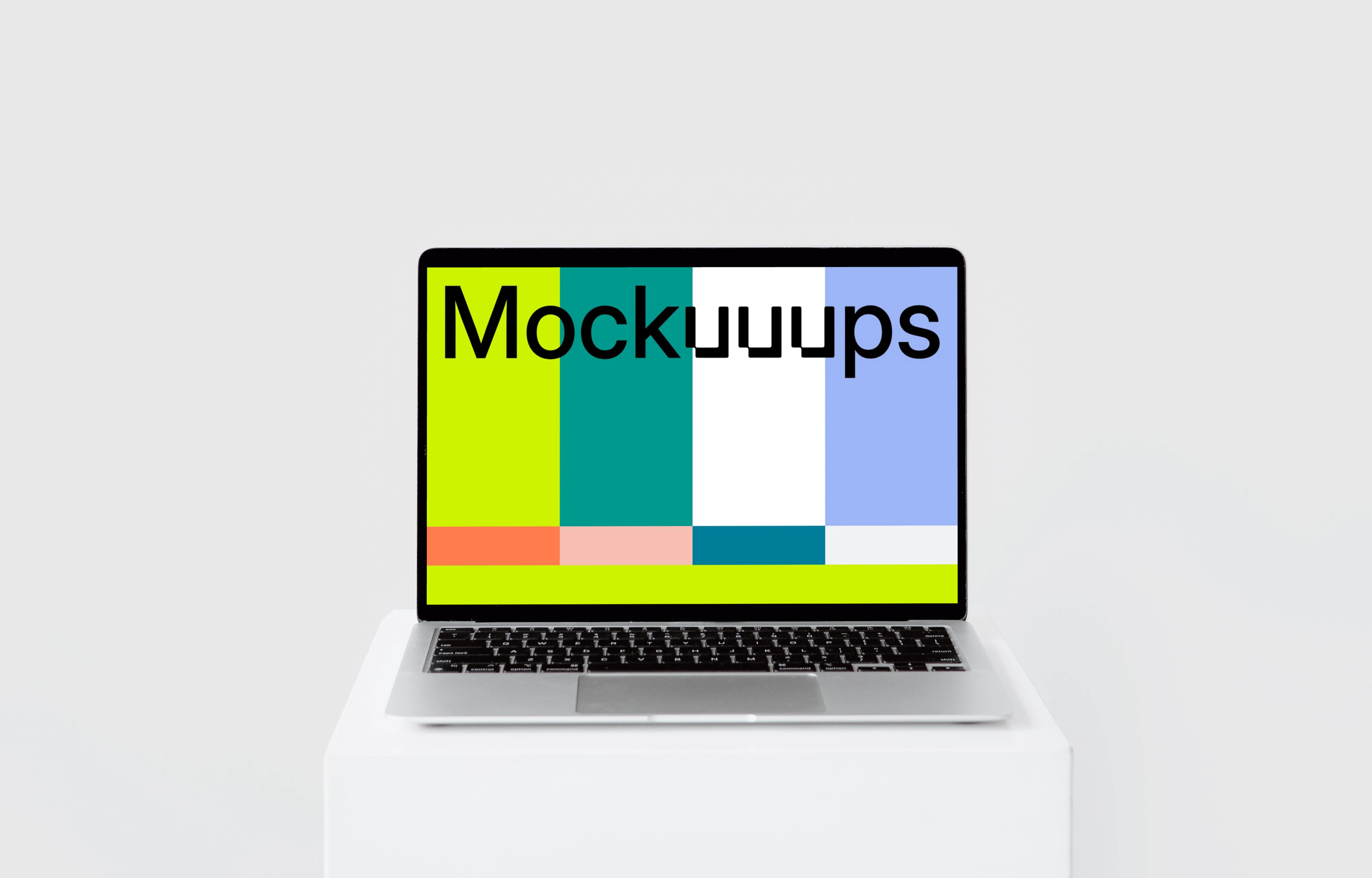 MacBook mockup on a tall white stool