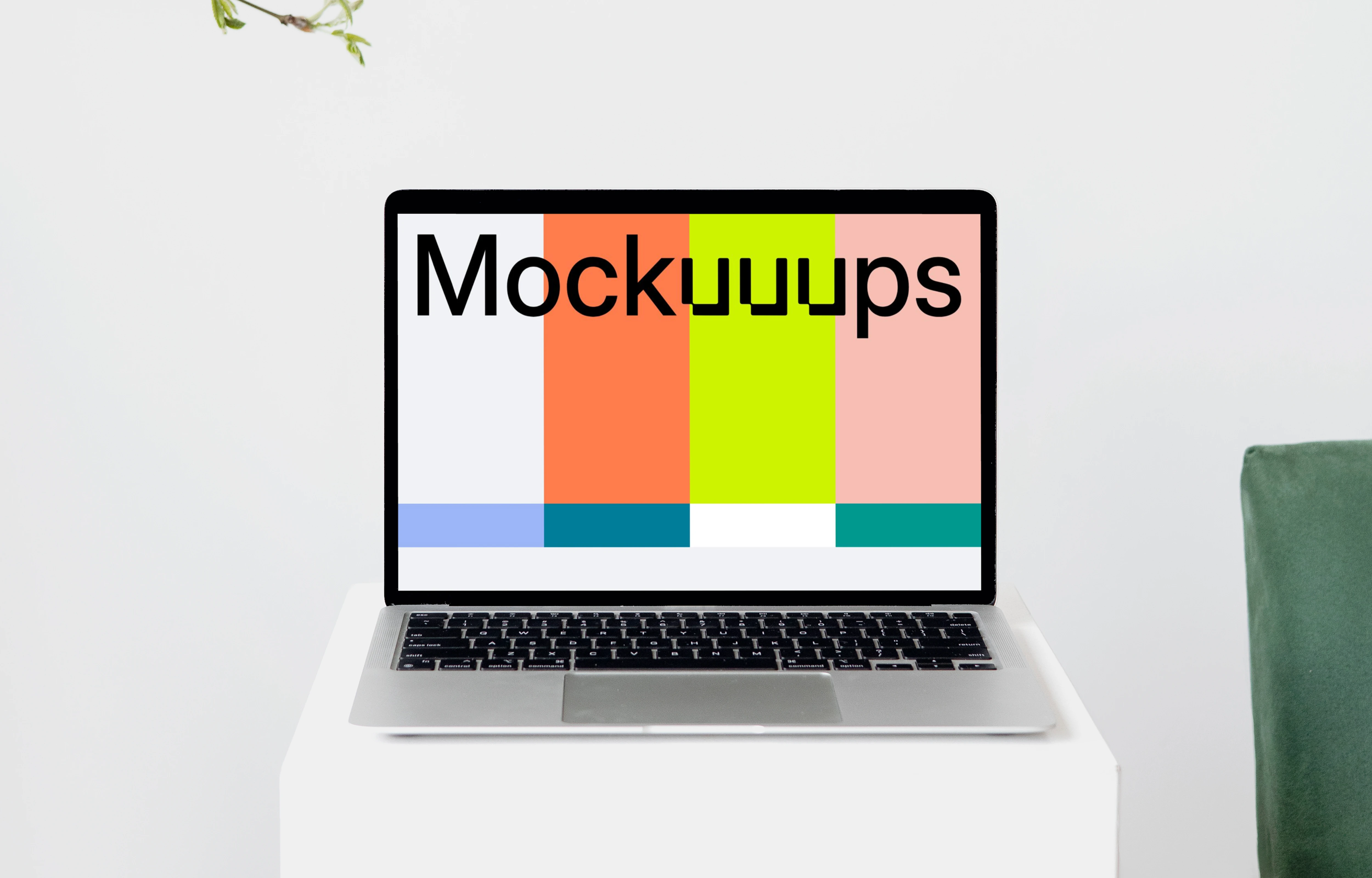 MacBook mockup on a tall white stool with wooden chair arm on the side