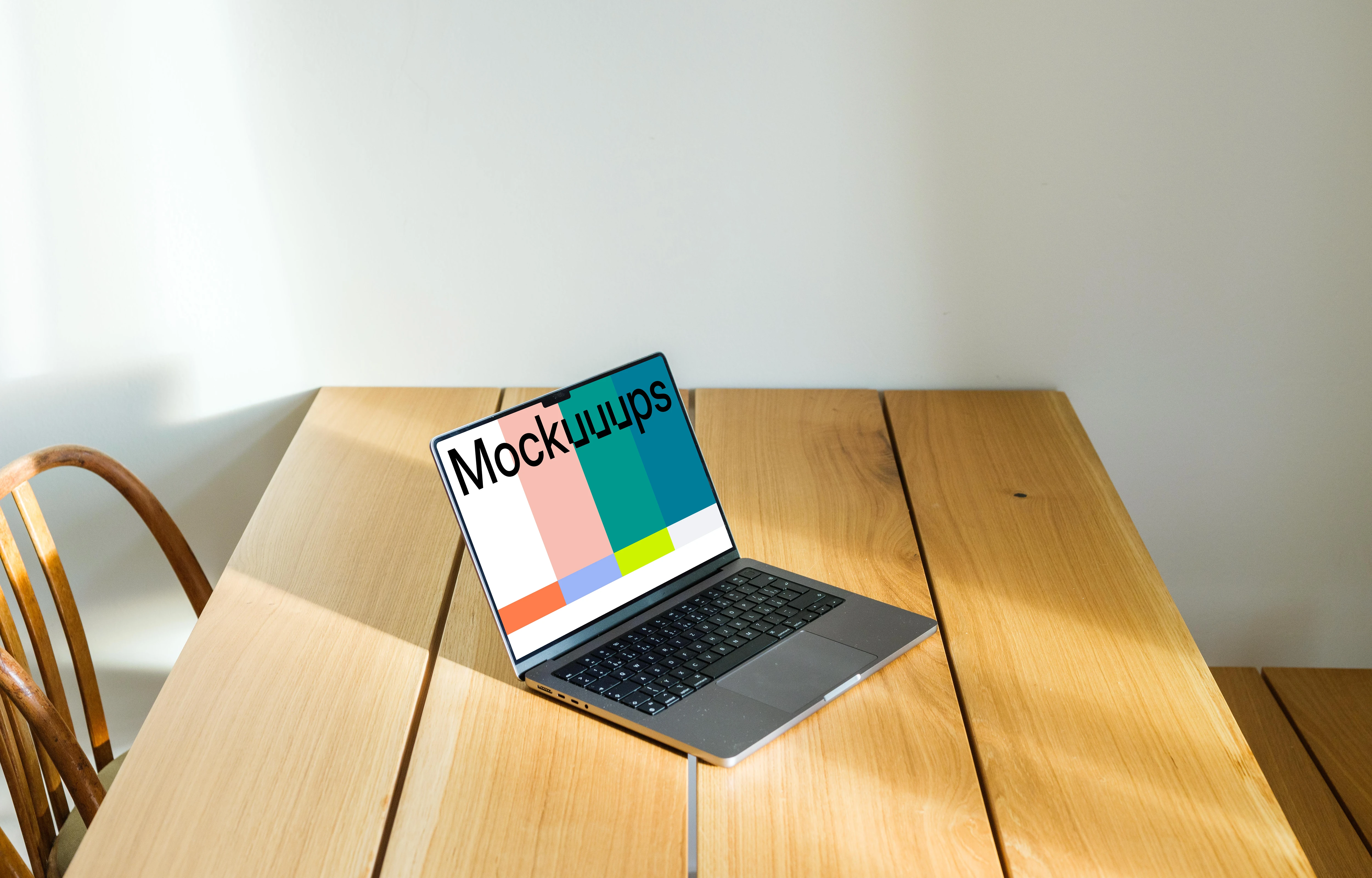MacBook Pro mockup on a dining table against a white background