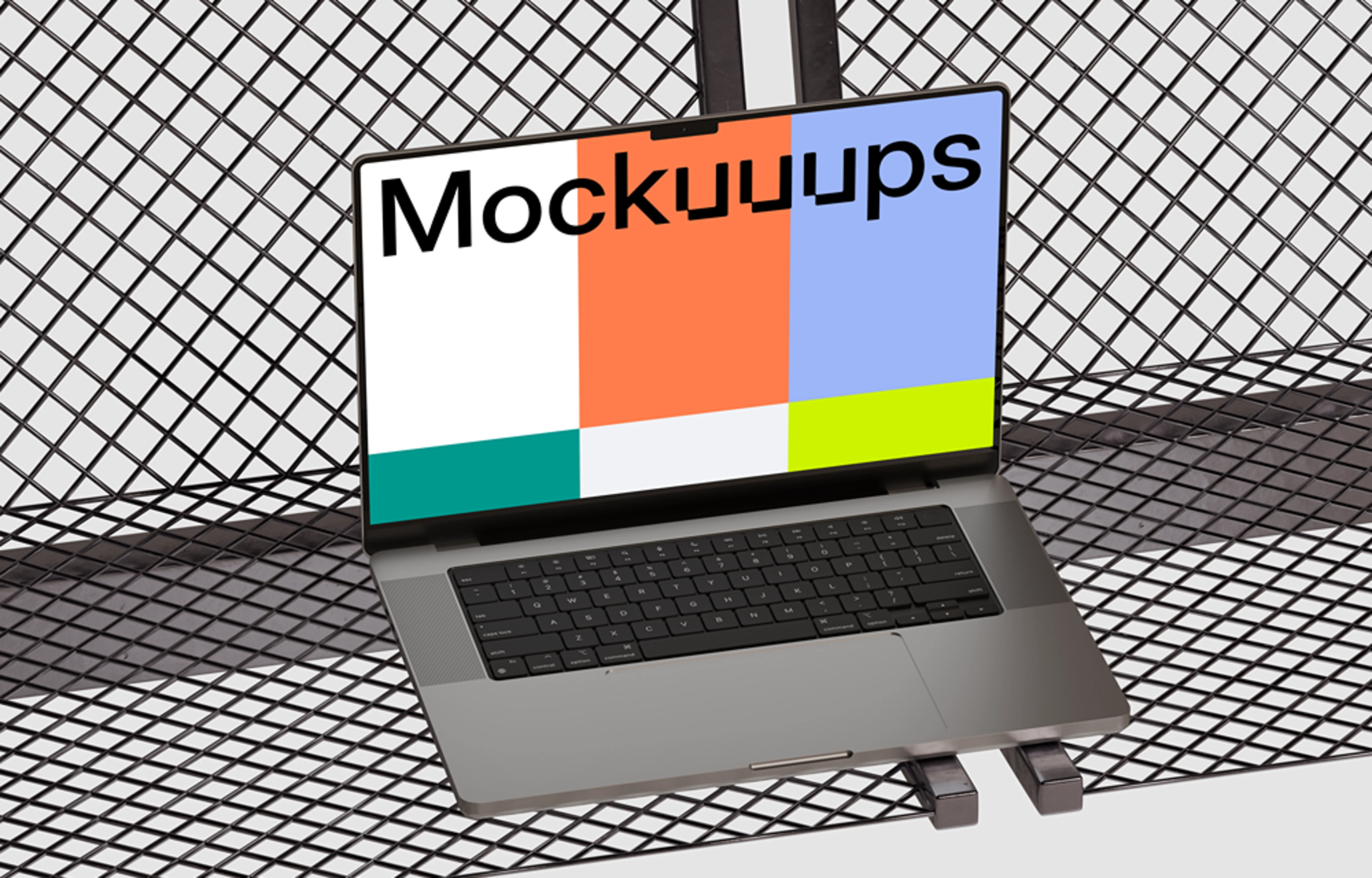 MacBook Pro mockup on a metal lattice surface