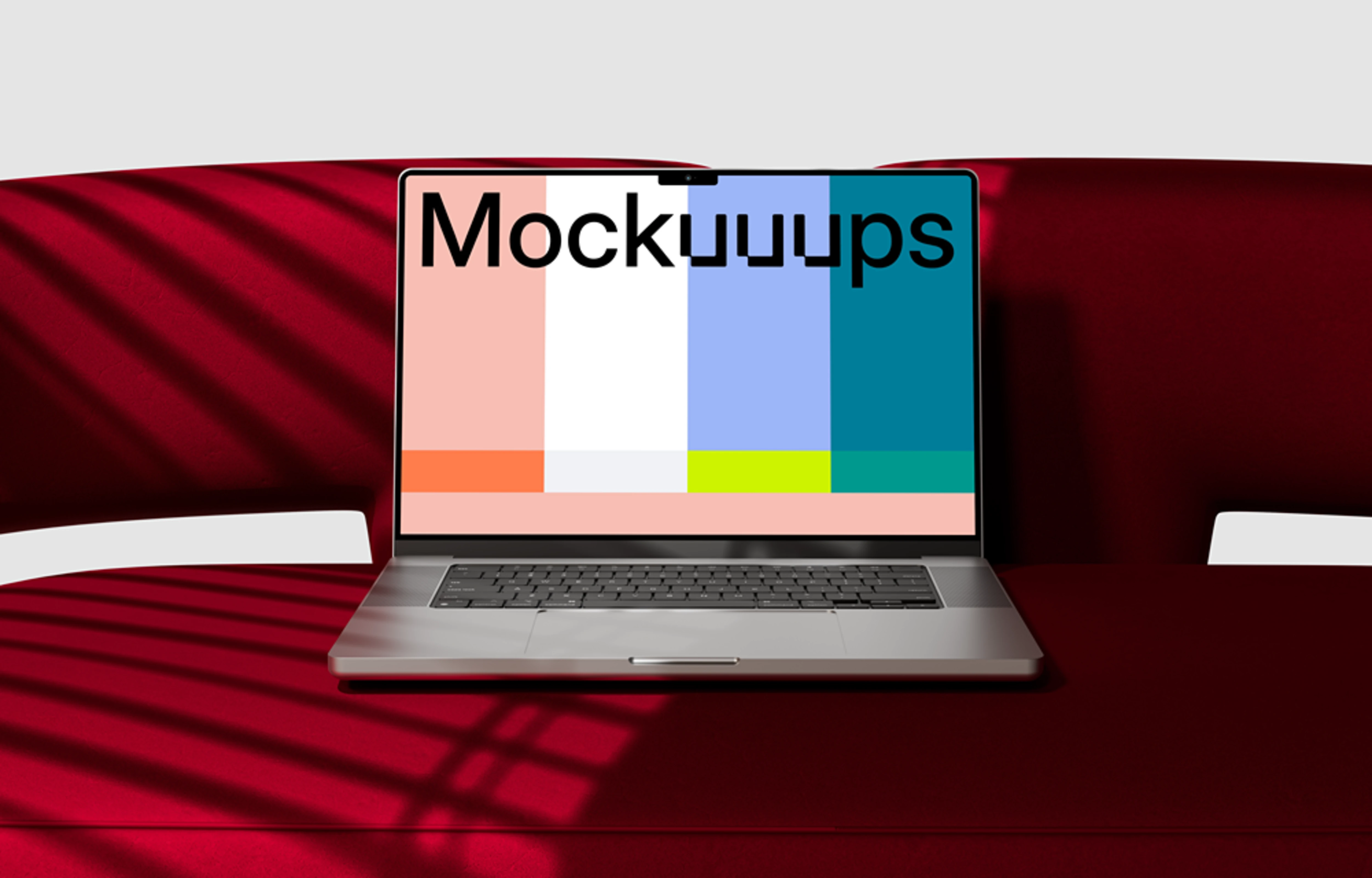 MacBook Pro mockup on a modern red couch