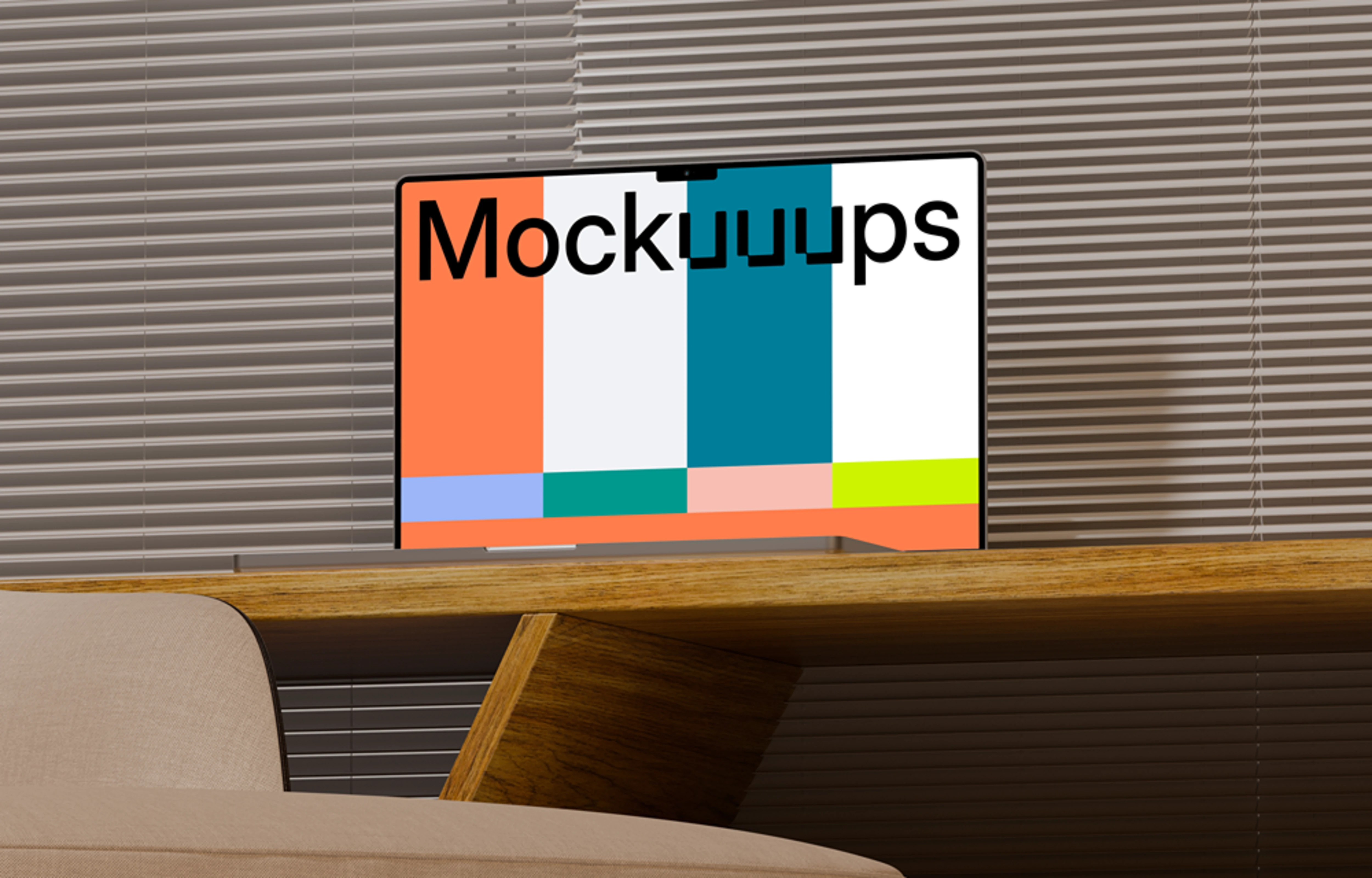 MacBook Pro mockup on a wooden desk near blinds