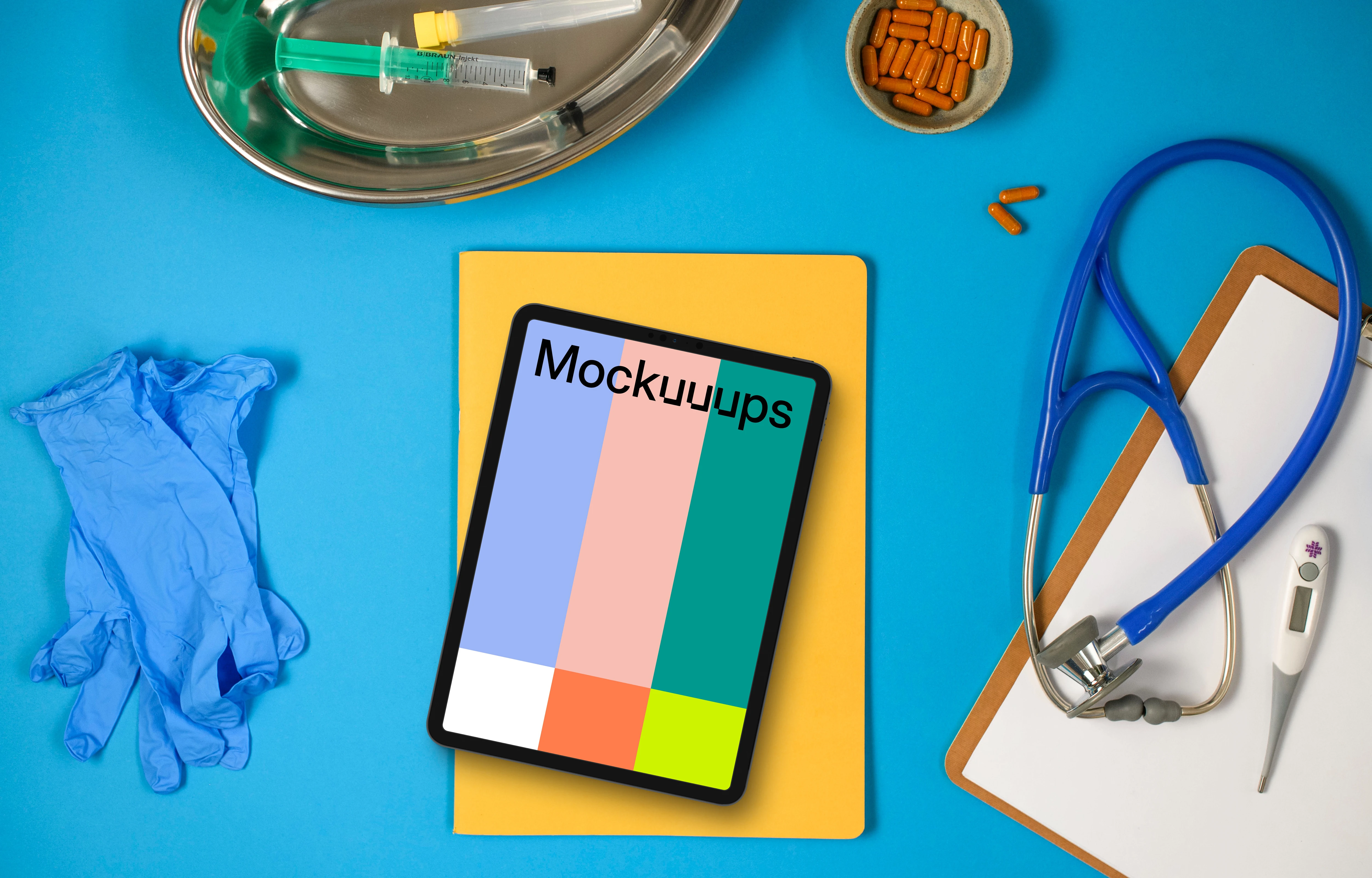 Medical essentials with tablet mockup