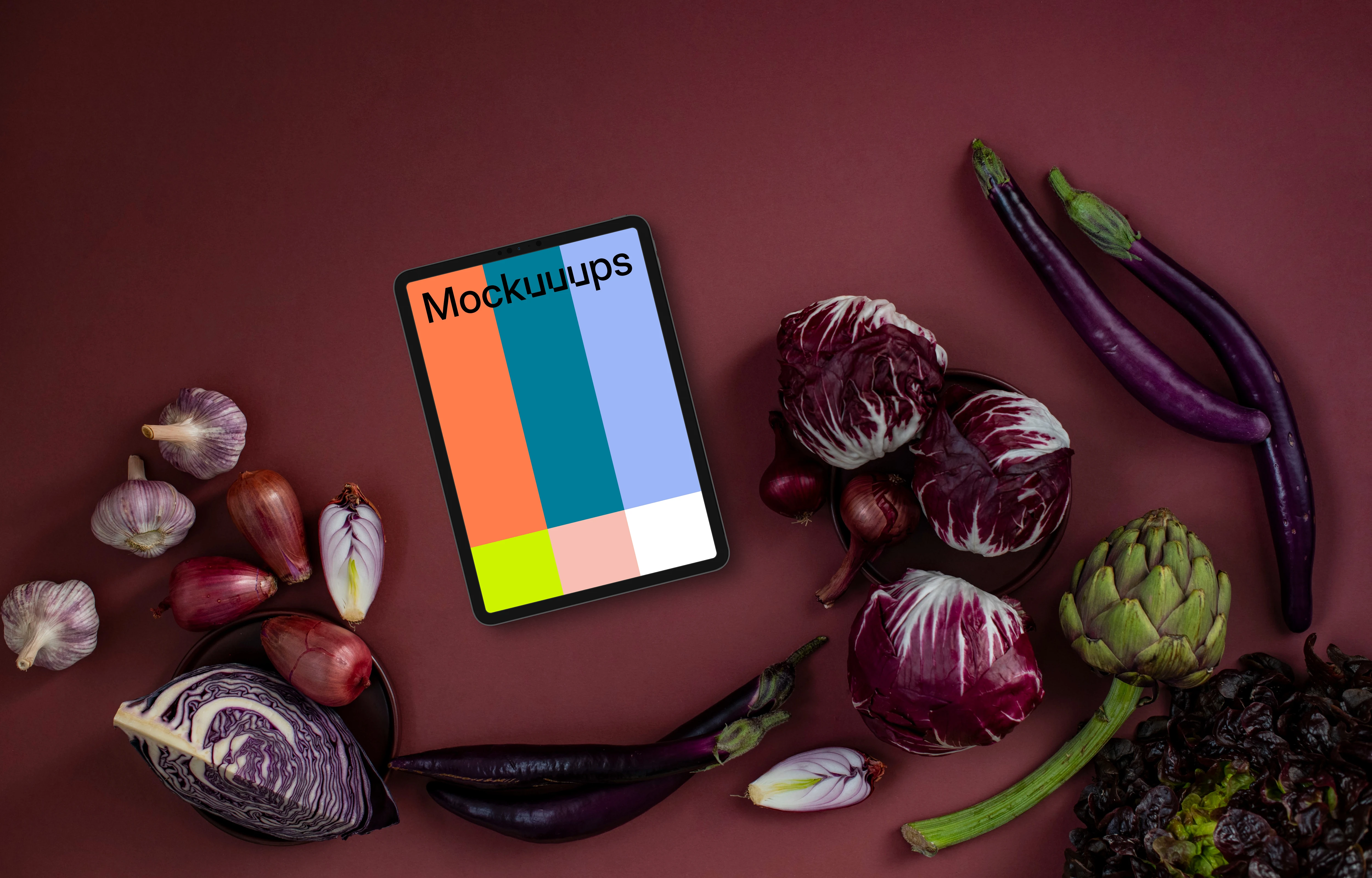 Tablet mockup with food in Viva Magenta shade