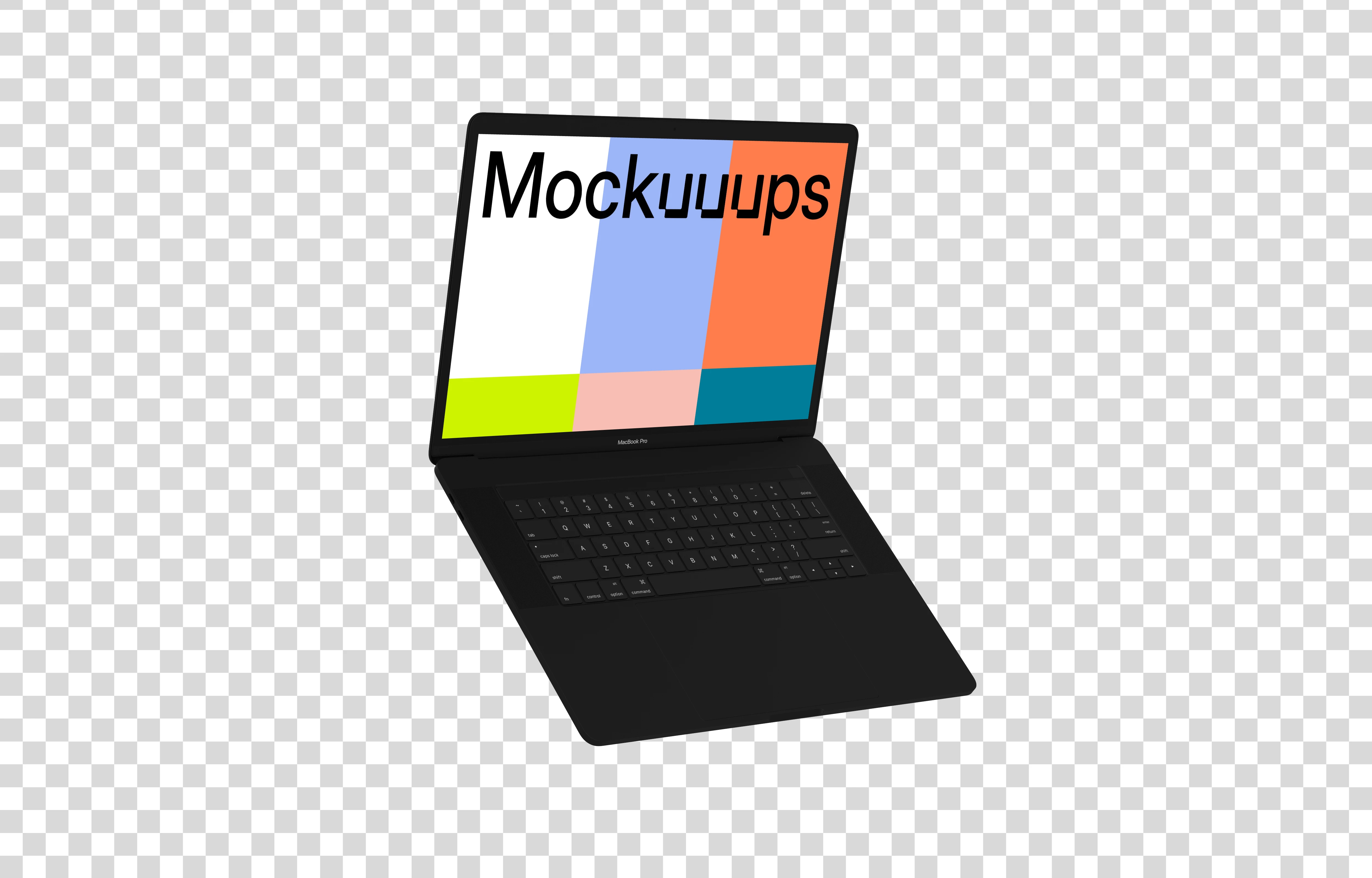 Opened Macbook Pro mockup (Clay Dark) floating to the left