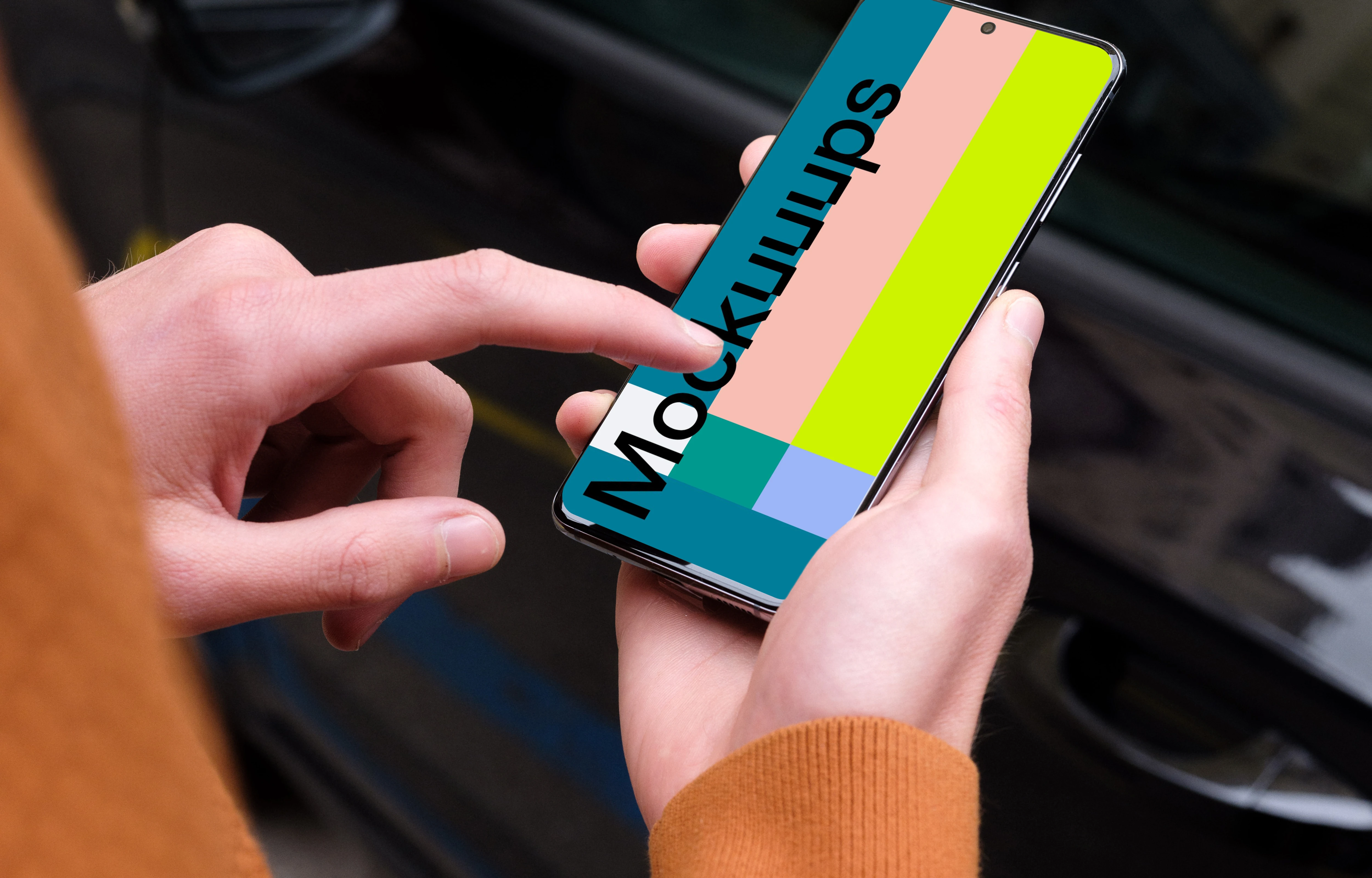 Over the shoulder mockup of passenger pointing on Samsung S20 mockup