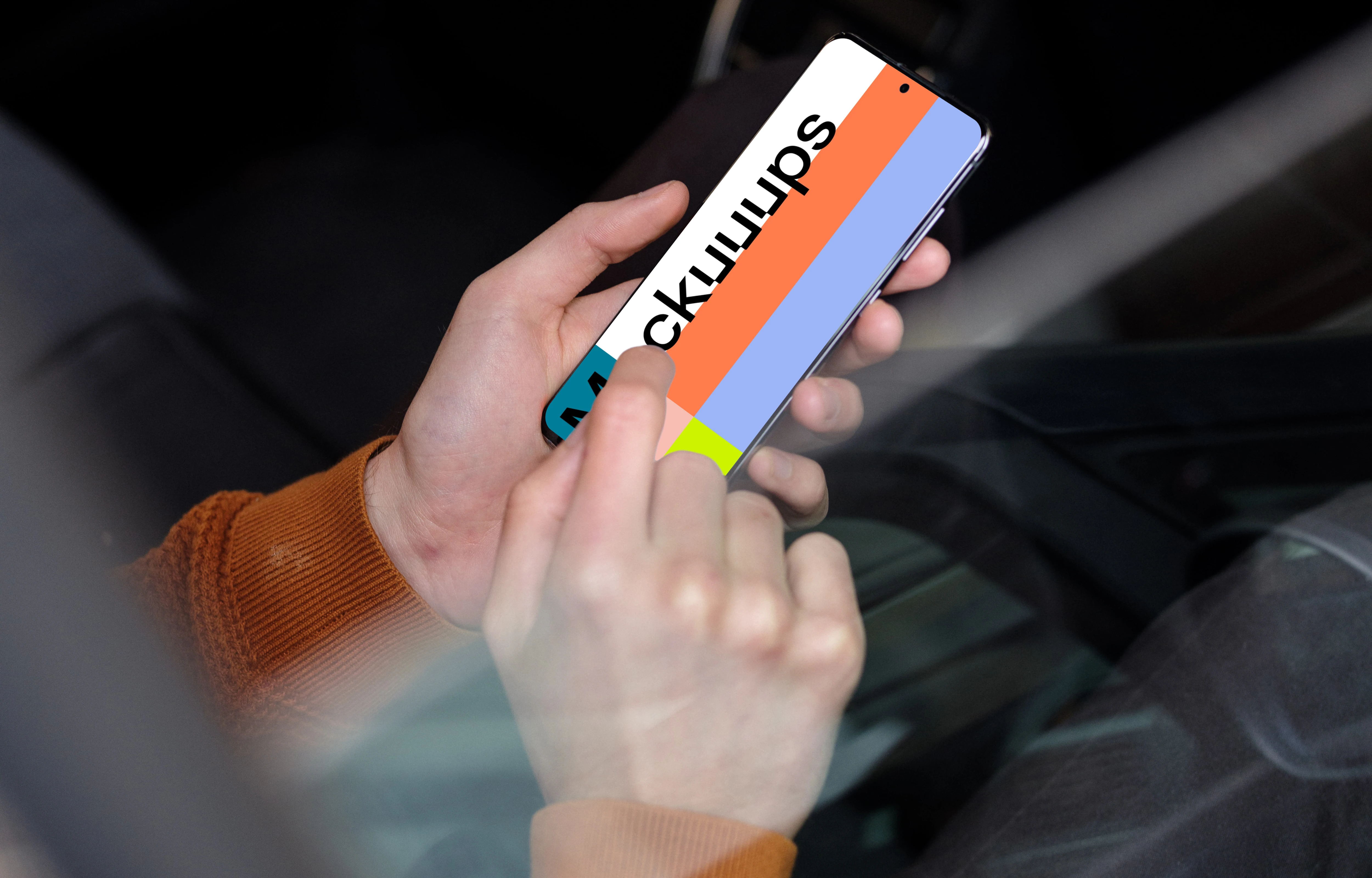 Over the shoulder mockup of passenger tapping on Samsung S20 mockup