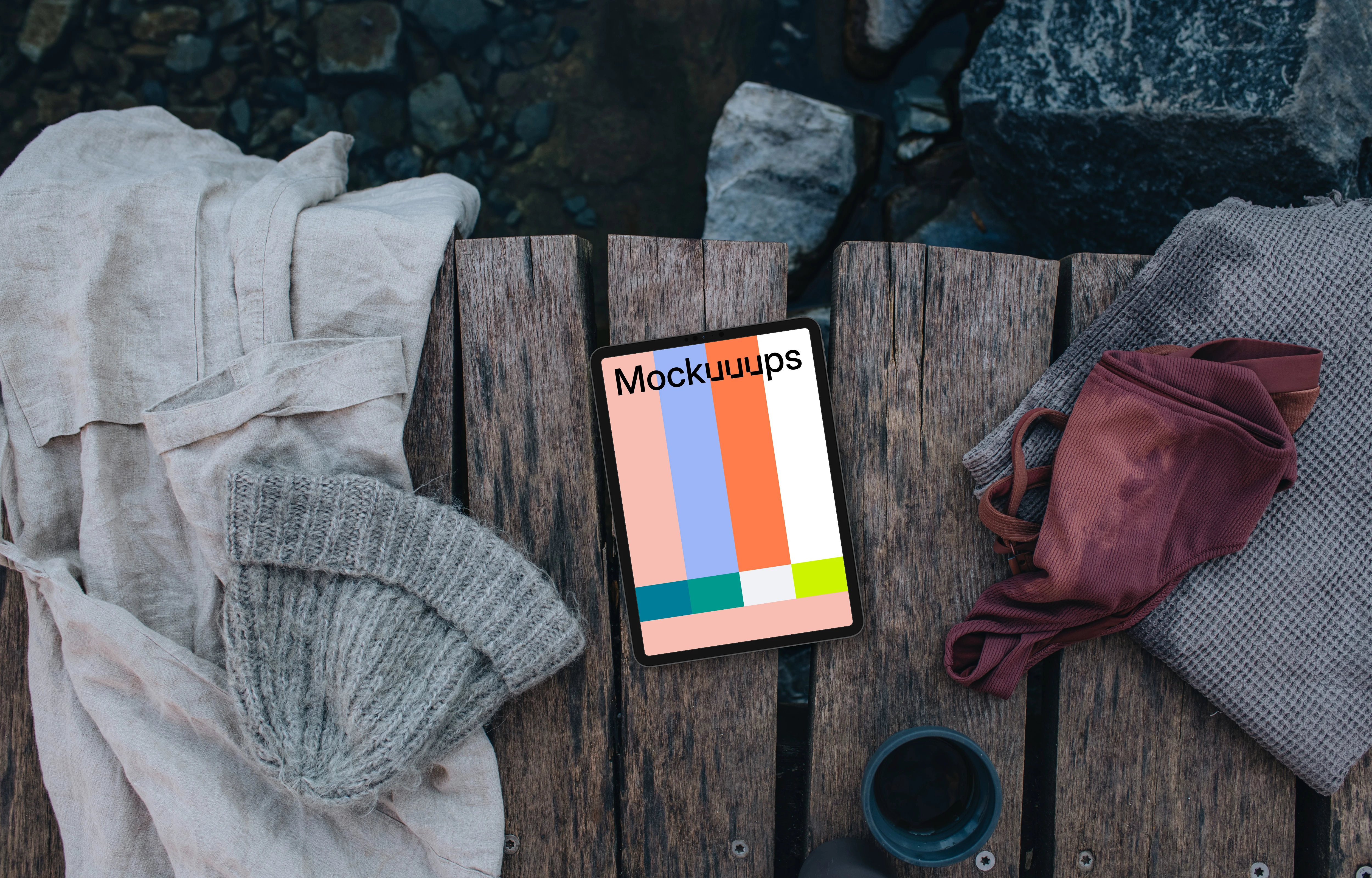 Outdoor aquatic scene with an iPad mockup