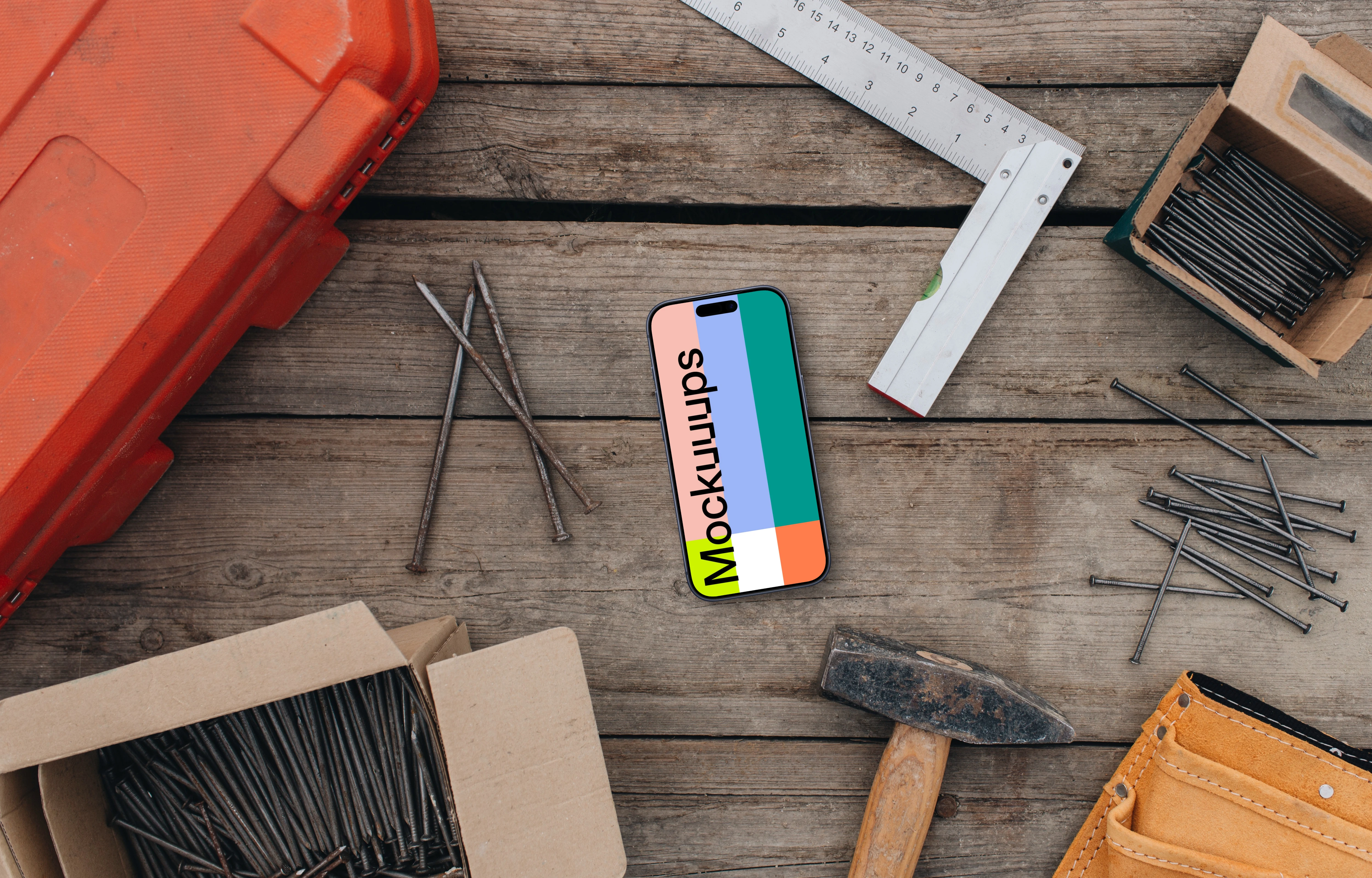 Phone mockup between workshop essentials
