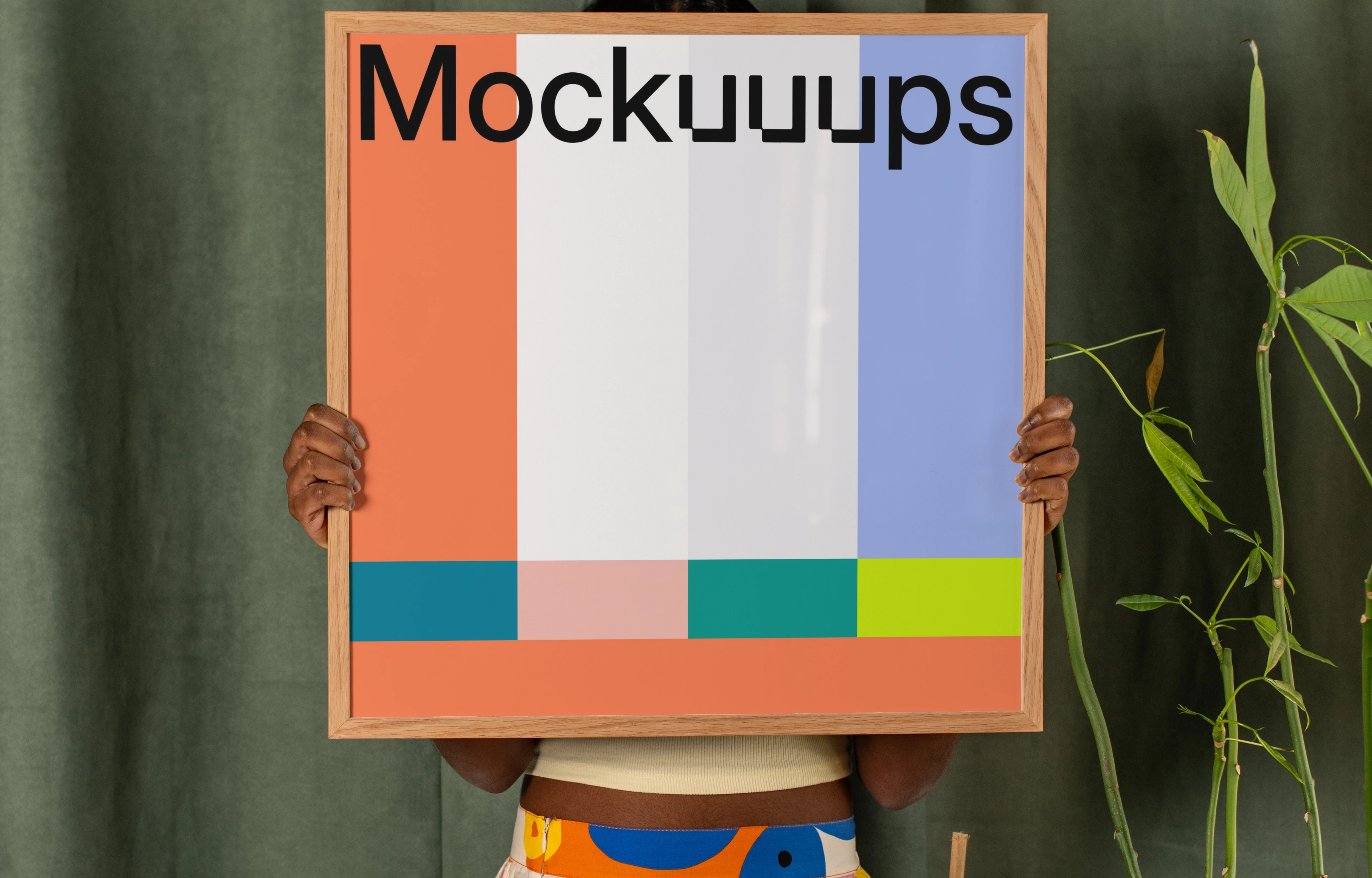 Poster mockup with person holding wooden frame in colorful setting