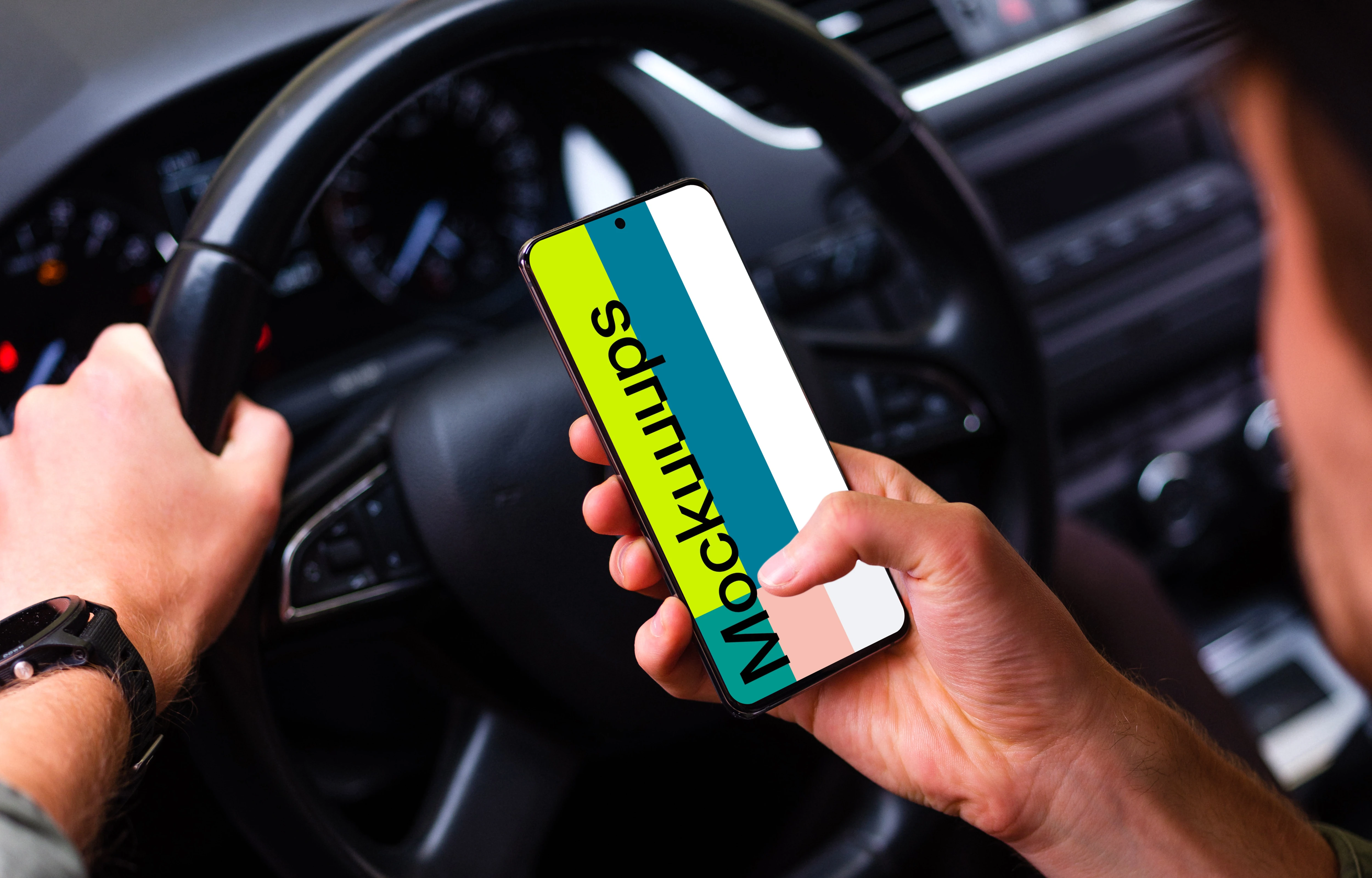 Driver parked up tapping Samsung S20 mockup at the wheel