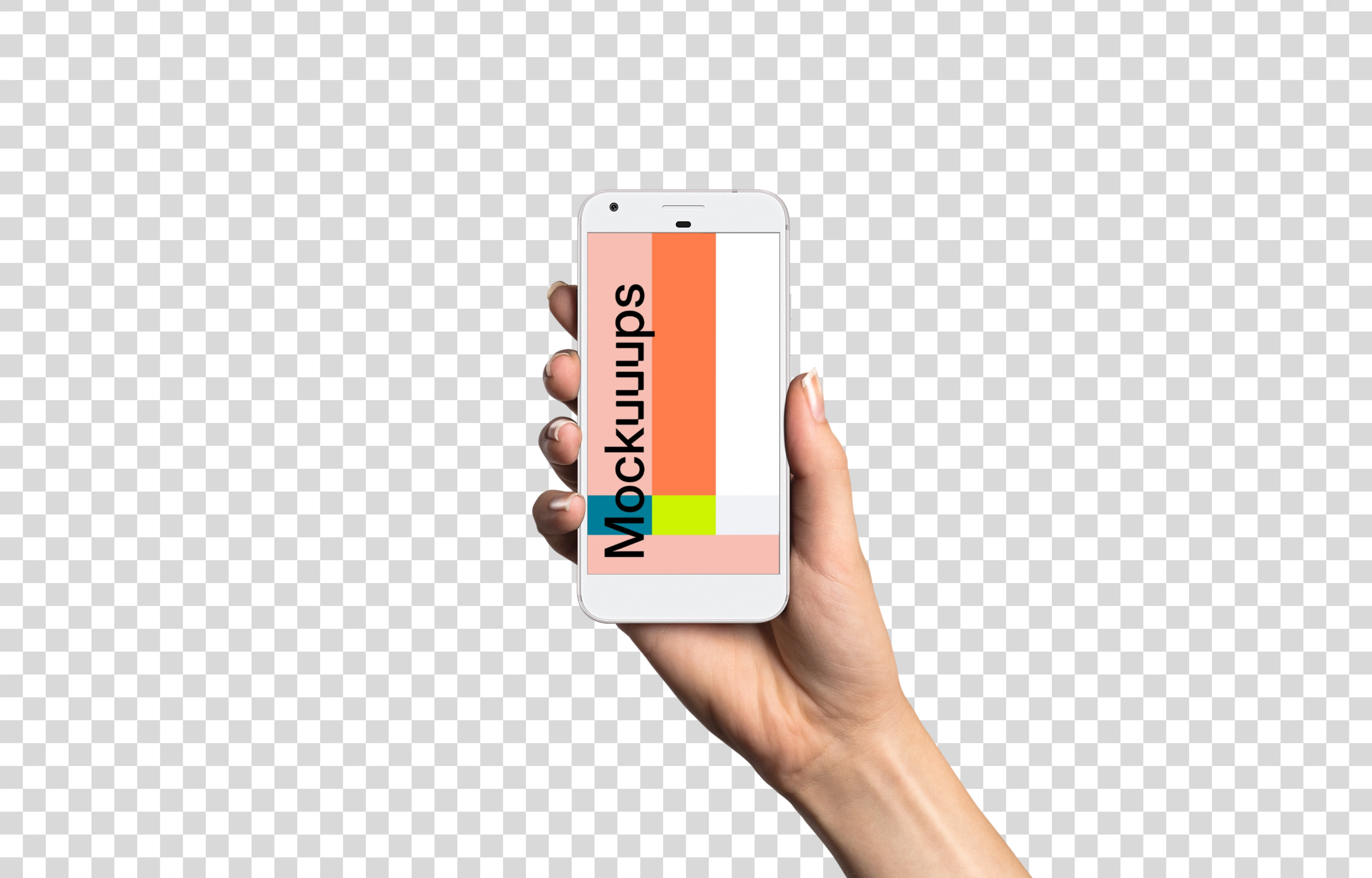 Woman holding Google Pixel Quite Silver mockup (White skin)