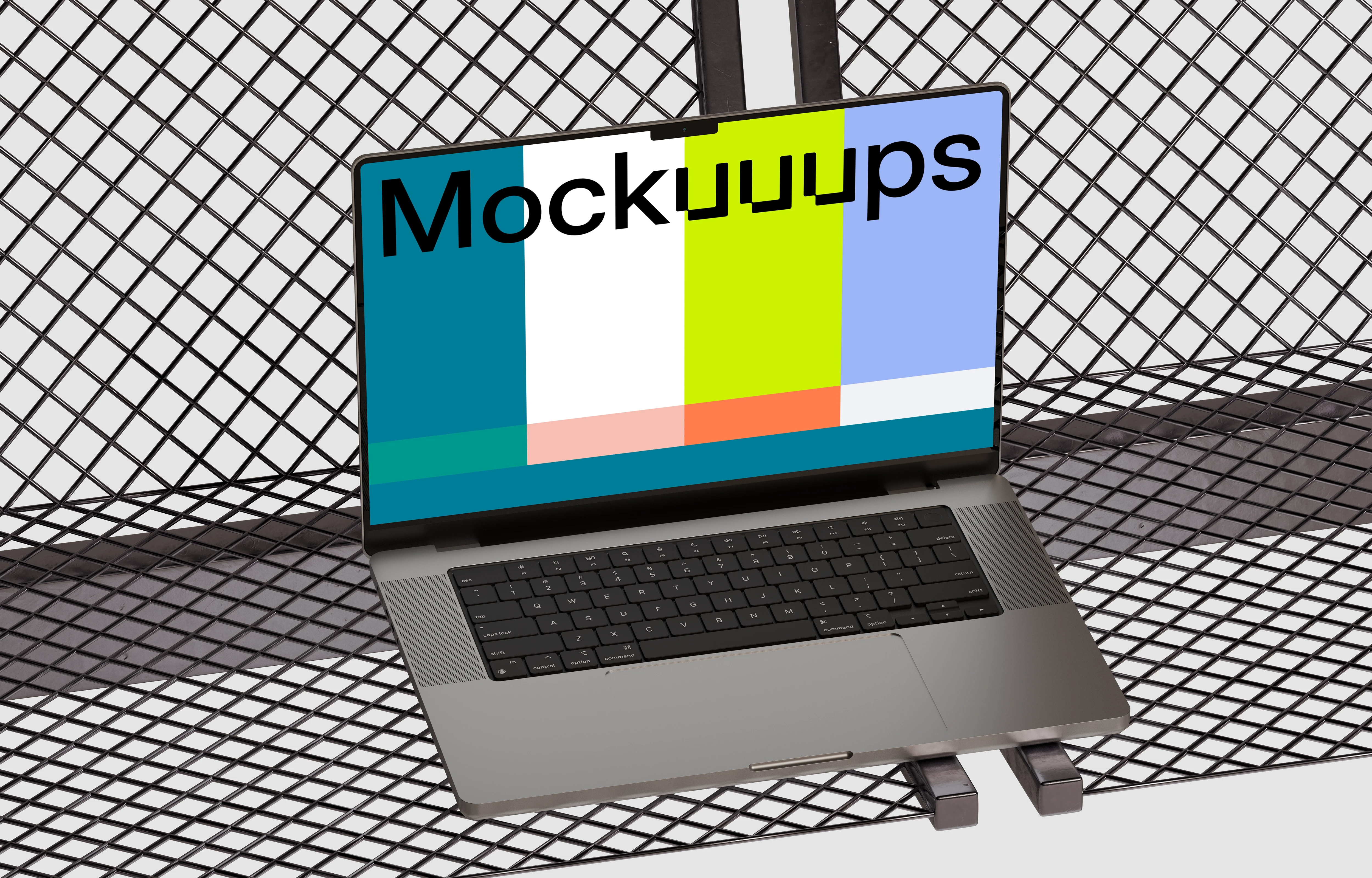 MacBook Pro mockup on a metal lattice surface