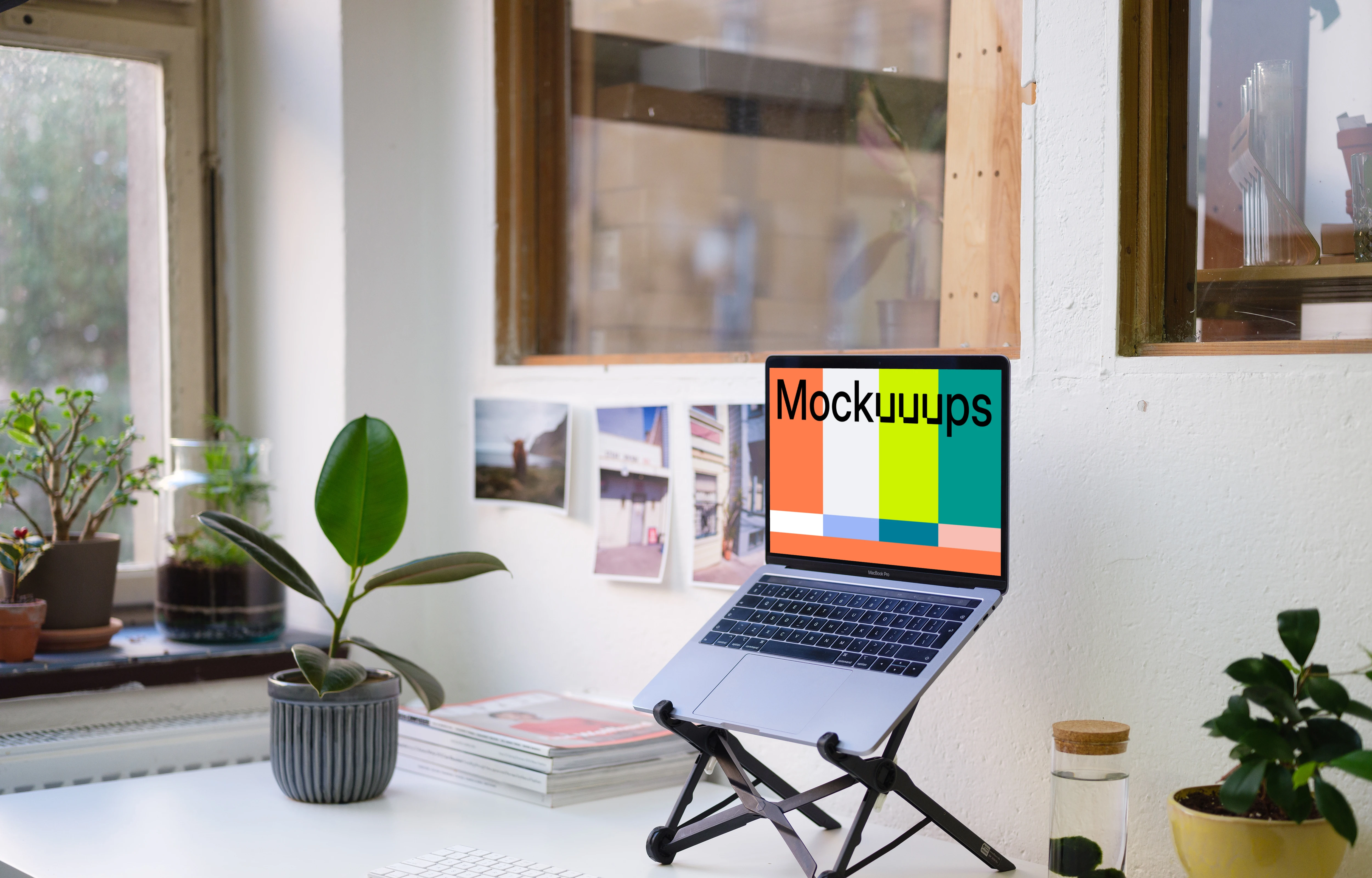 Side view of the Macbook Pro mockup on the stand