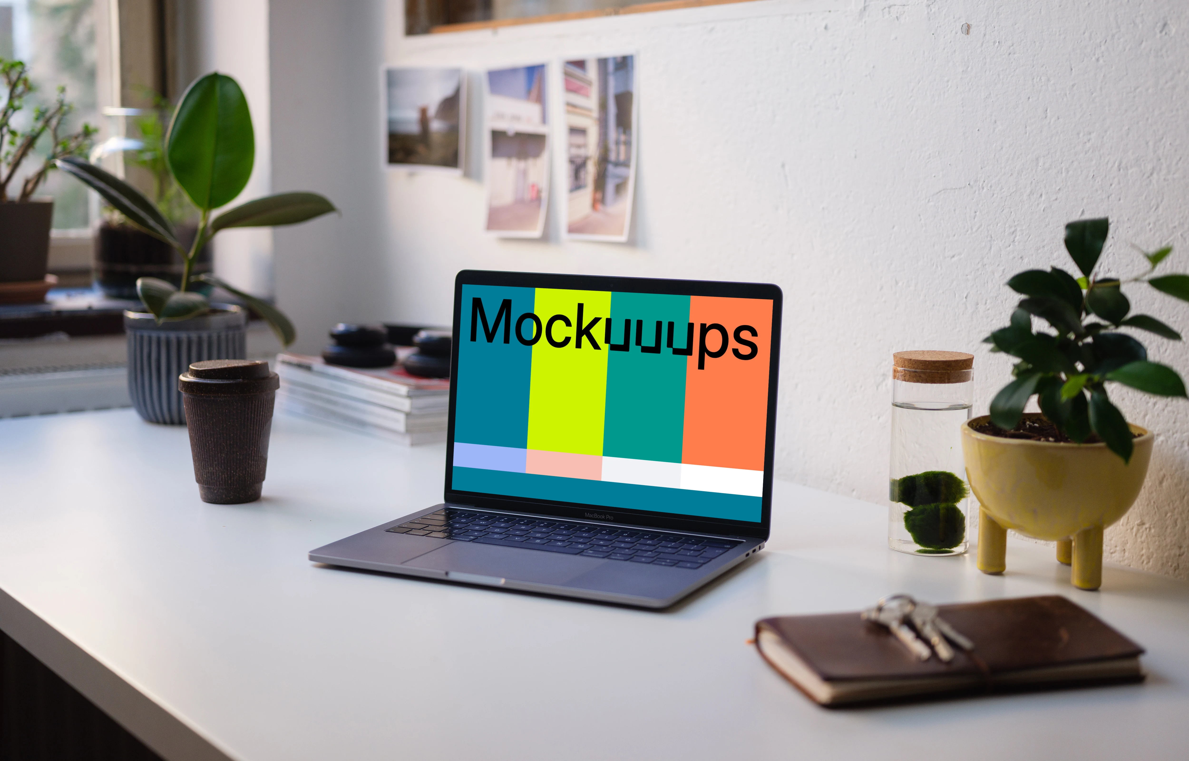 Side view of the Macbook Pro mockup on white table
