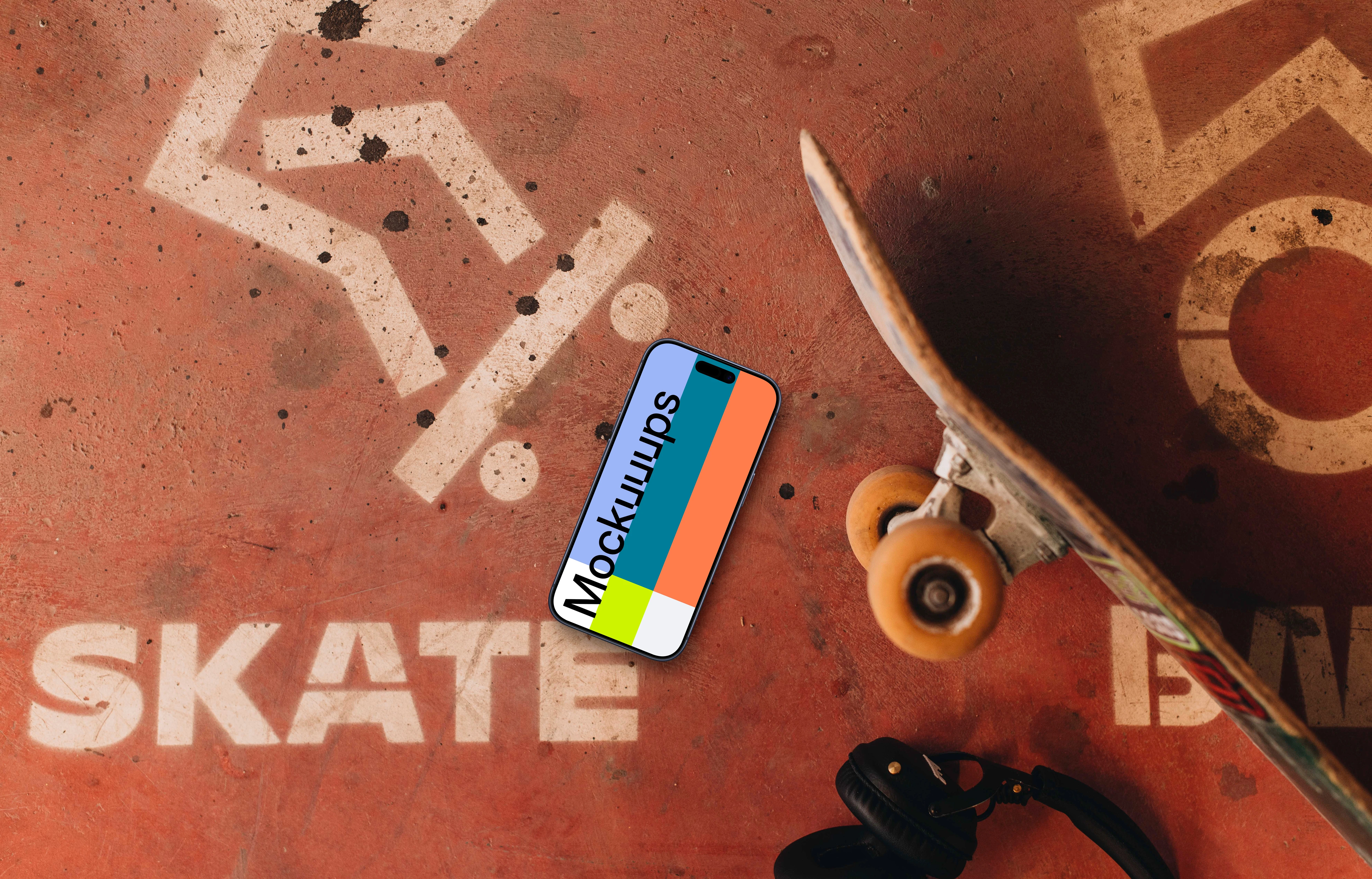 Skateboard with phone mockup
