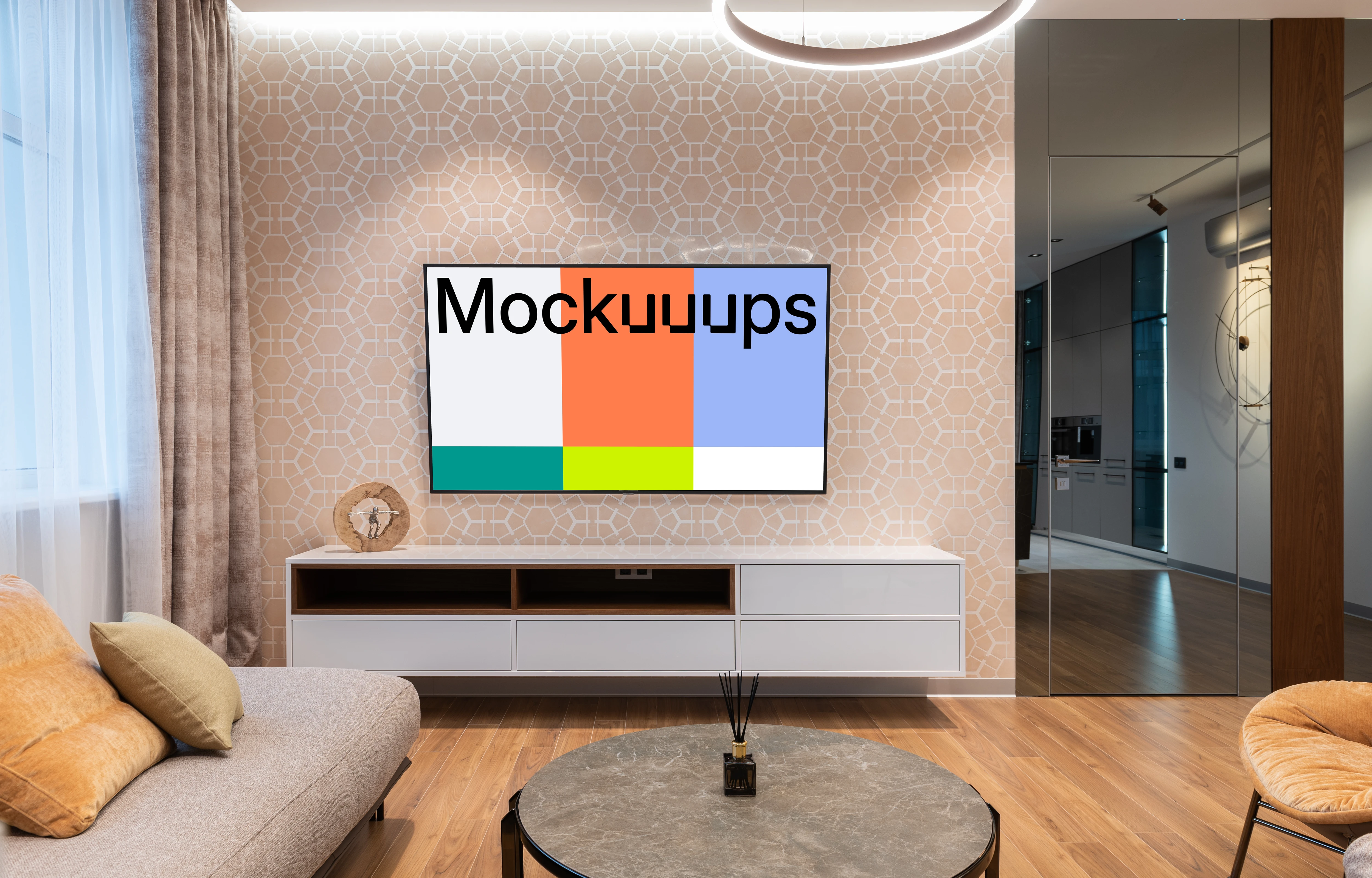 Smart television mockup in a well-designed living room