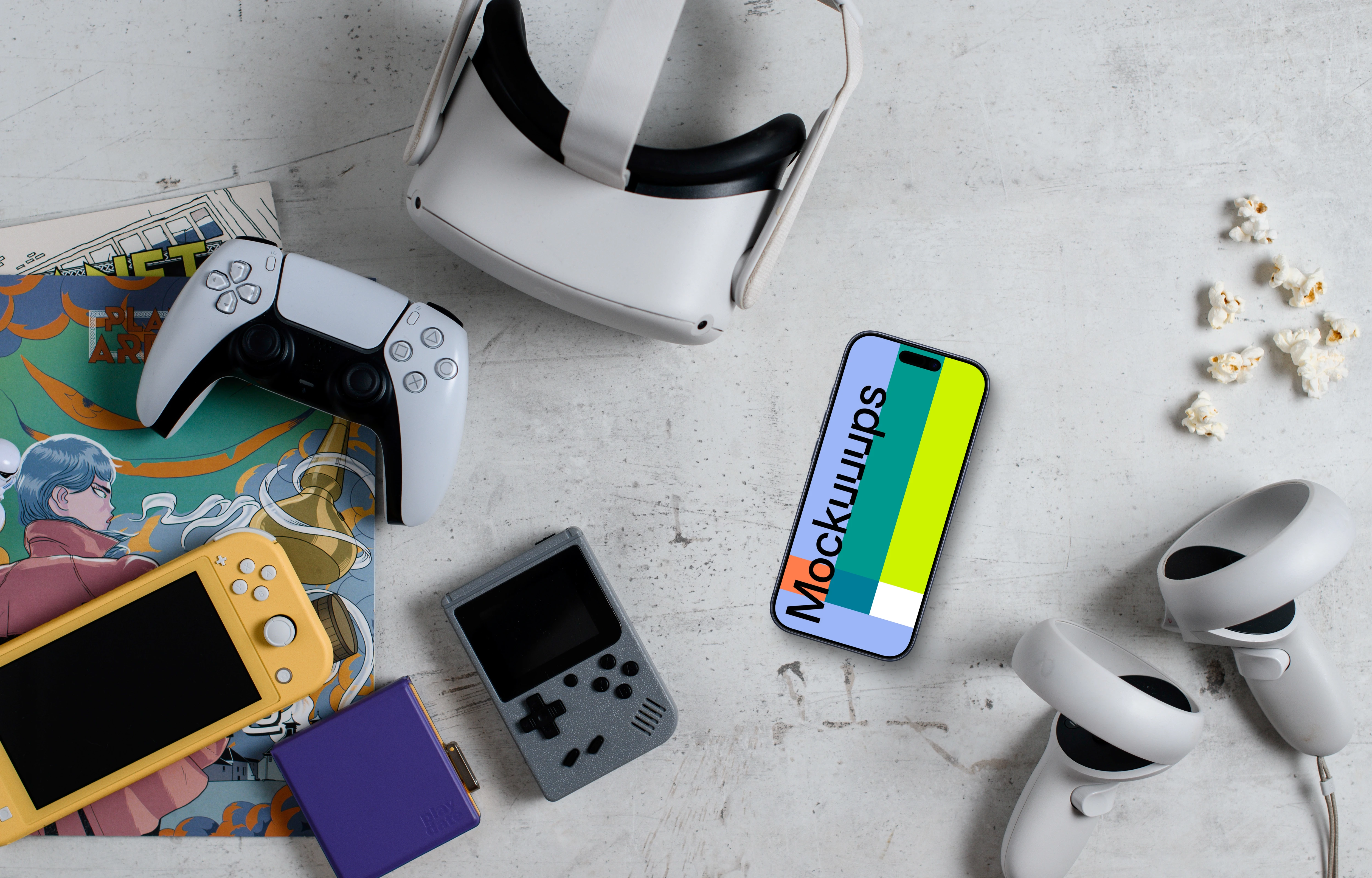 Smartphone mockup amidst gaming gear and snacks