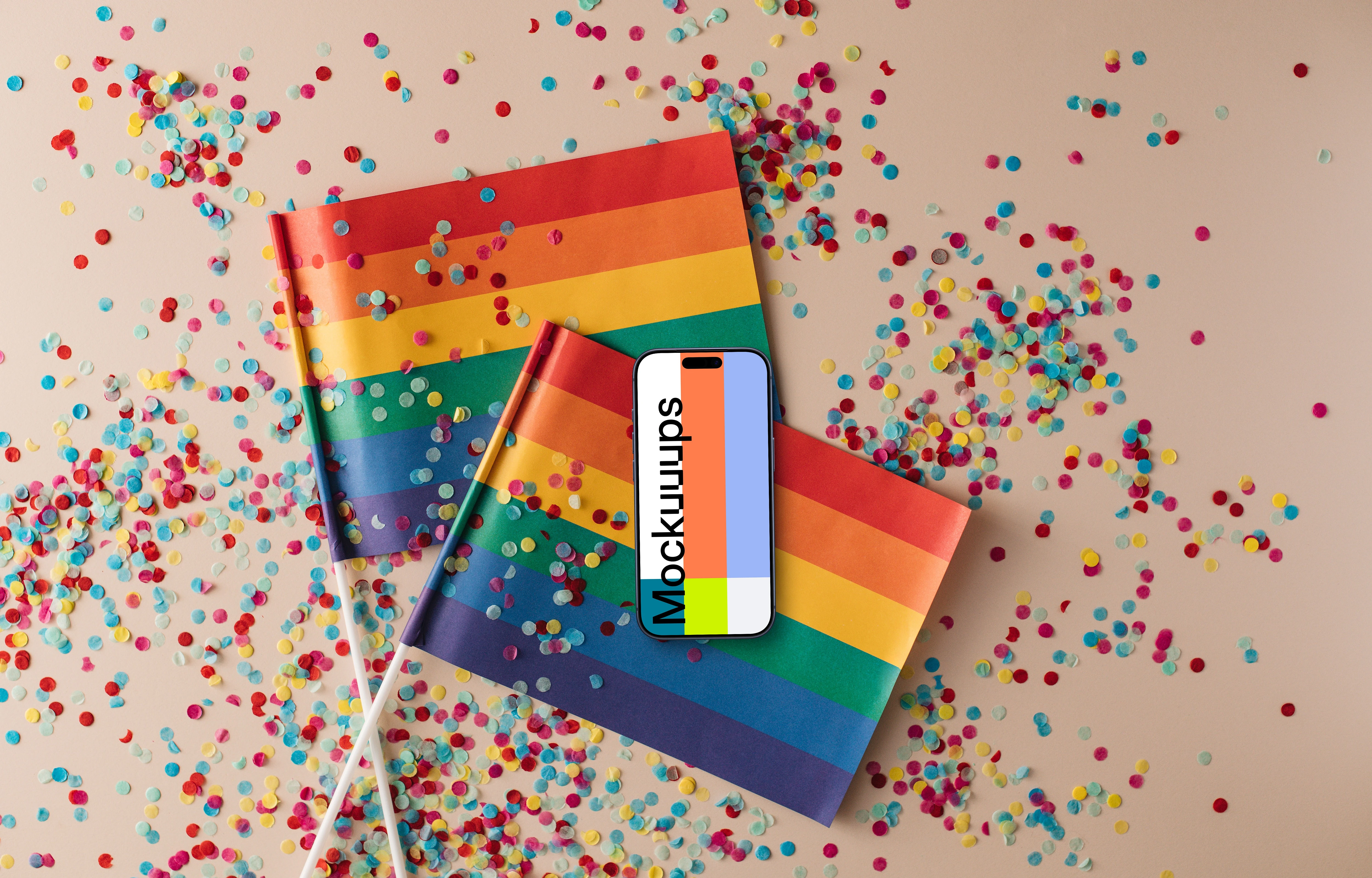 Smartphone mockup on top of LGBT flags