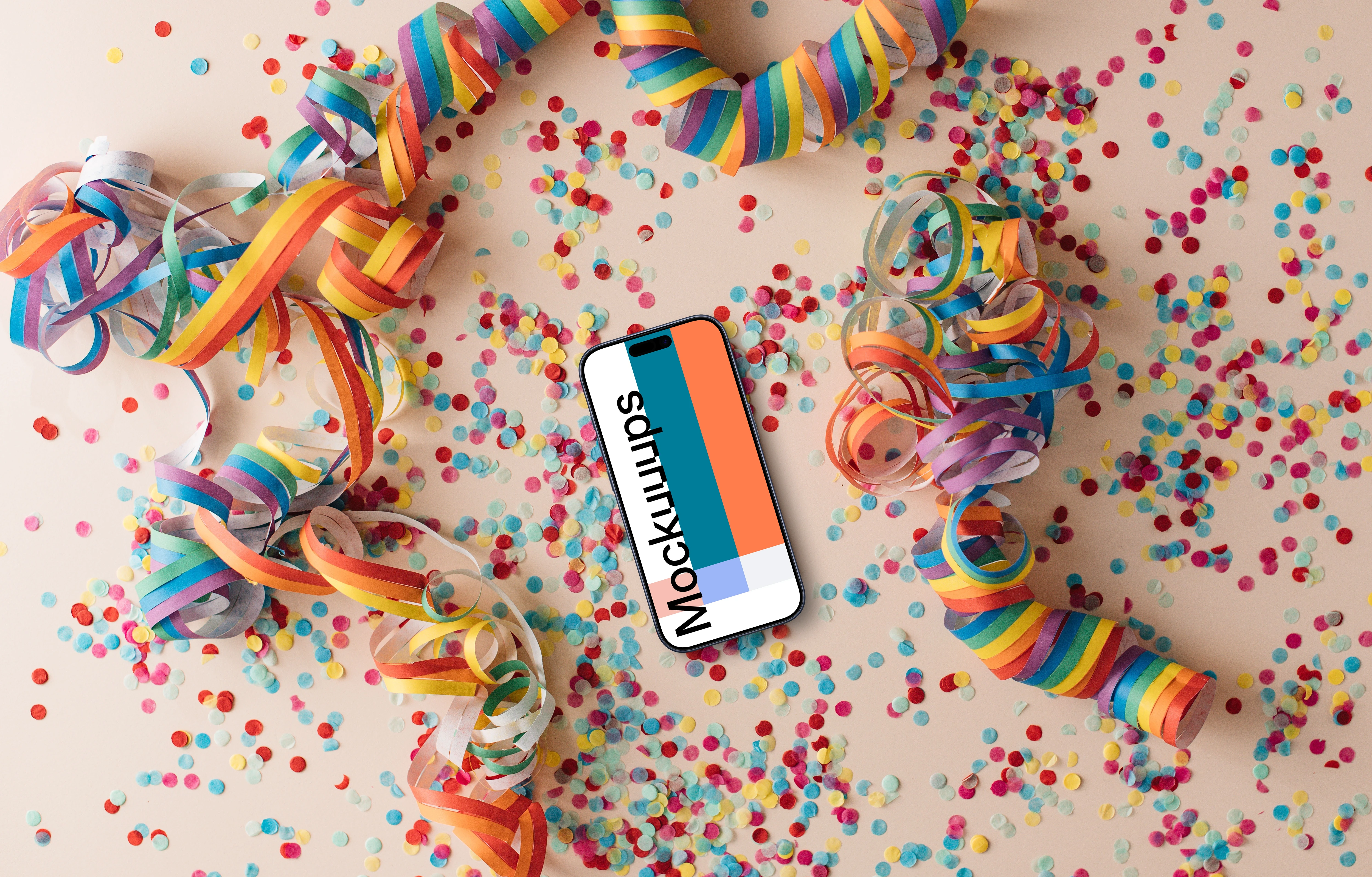 Smartphone mockup surrounded by rainbow confetti