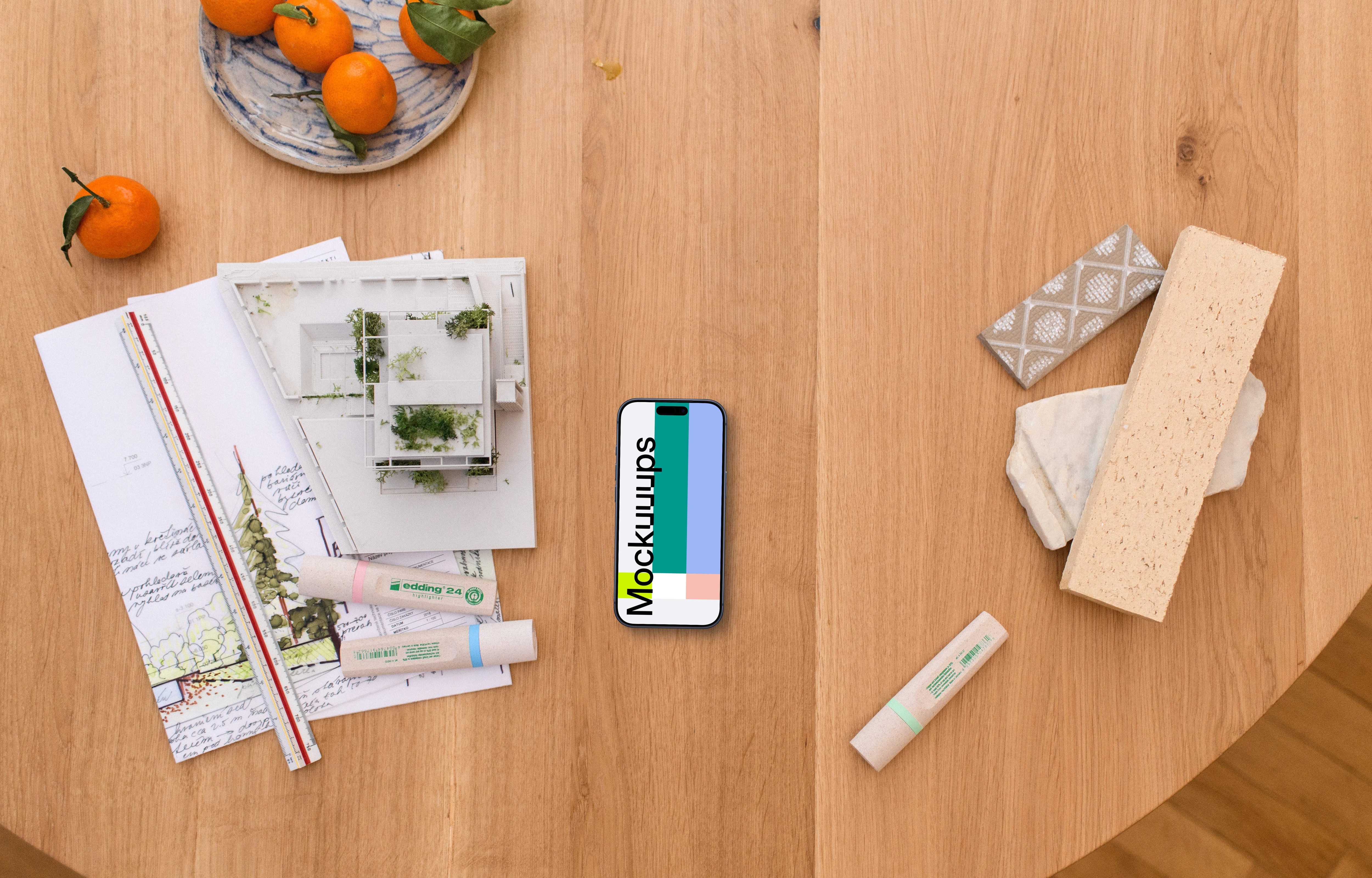 Smartphone mockup with architect blueprints