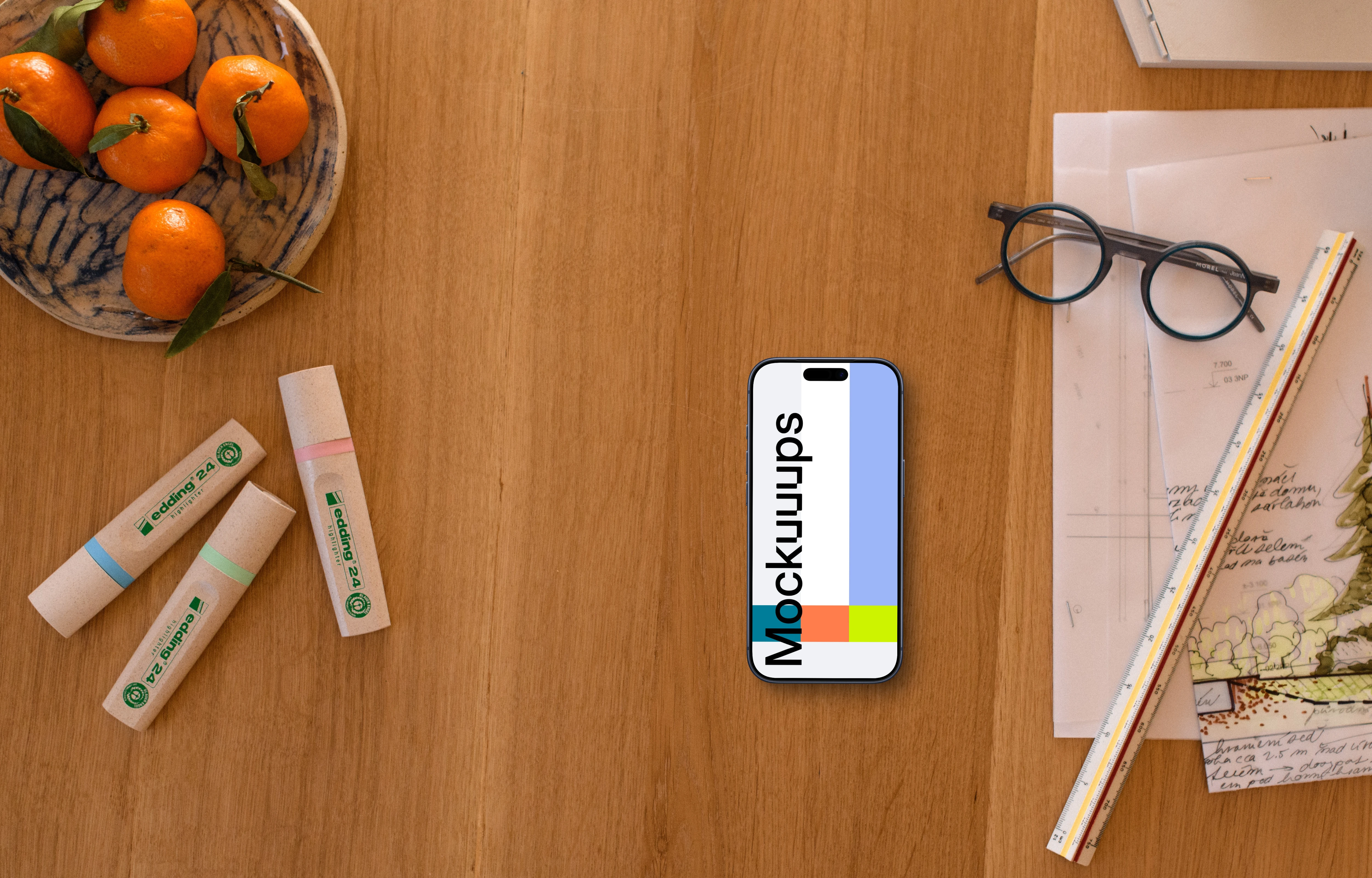 Smartphone mockup with architect's tools and decor