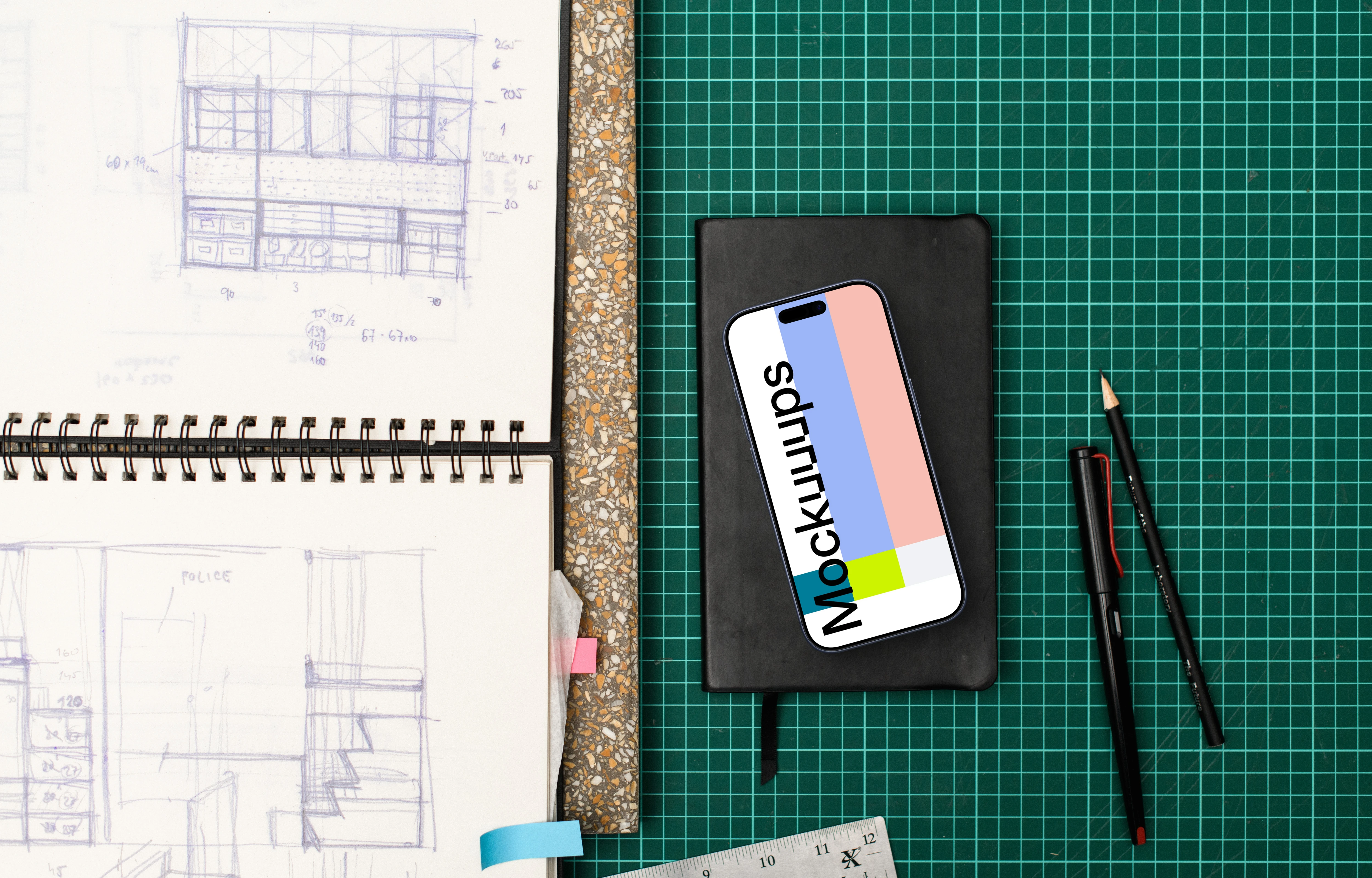 Smartphone mockup with architectural sketches