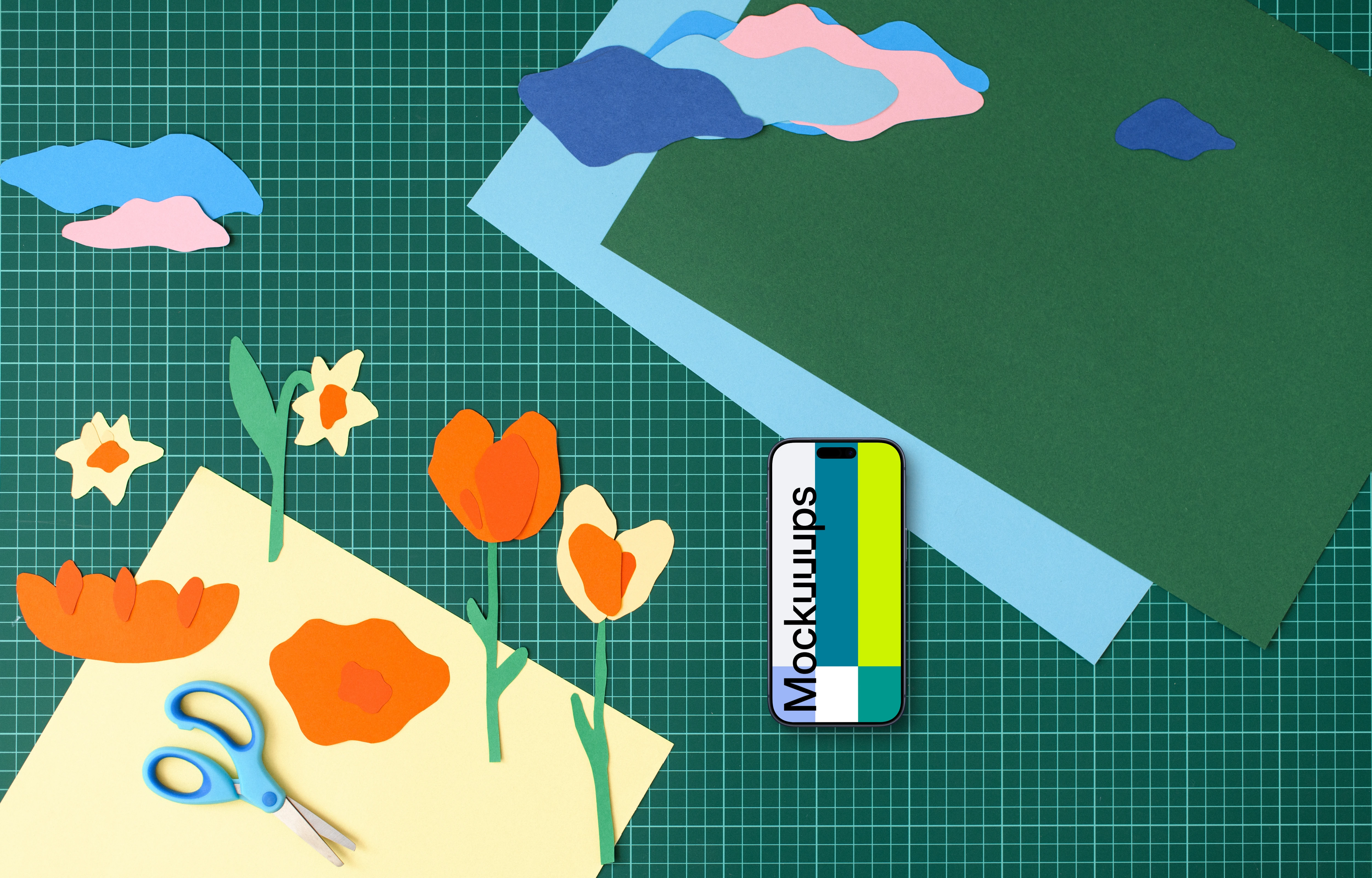 Smartphone mockup with colorful craft flowers