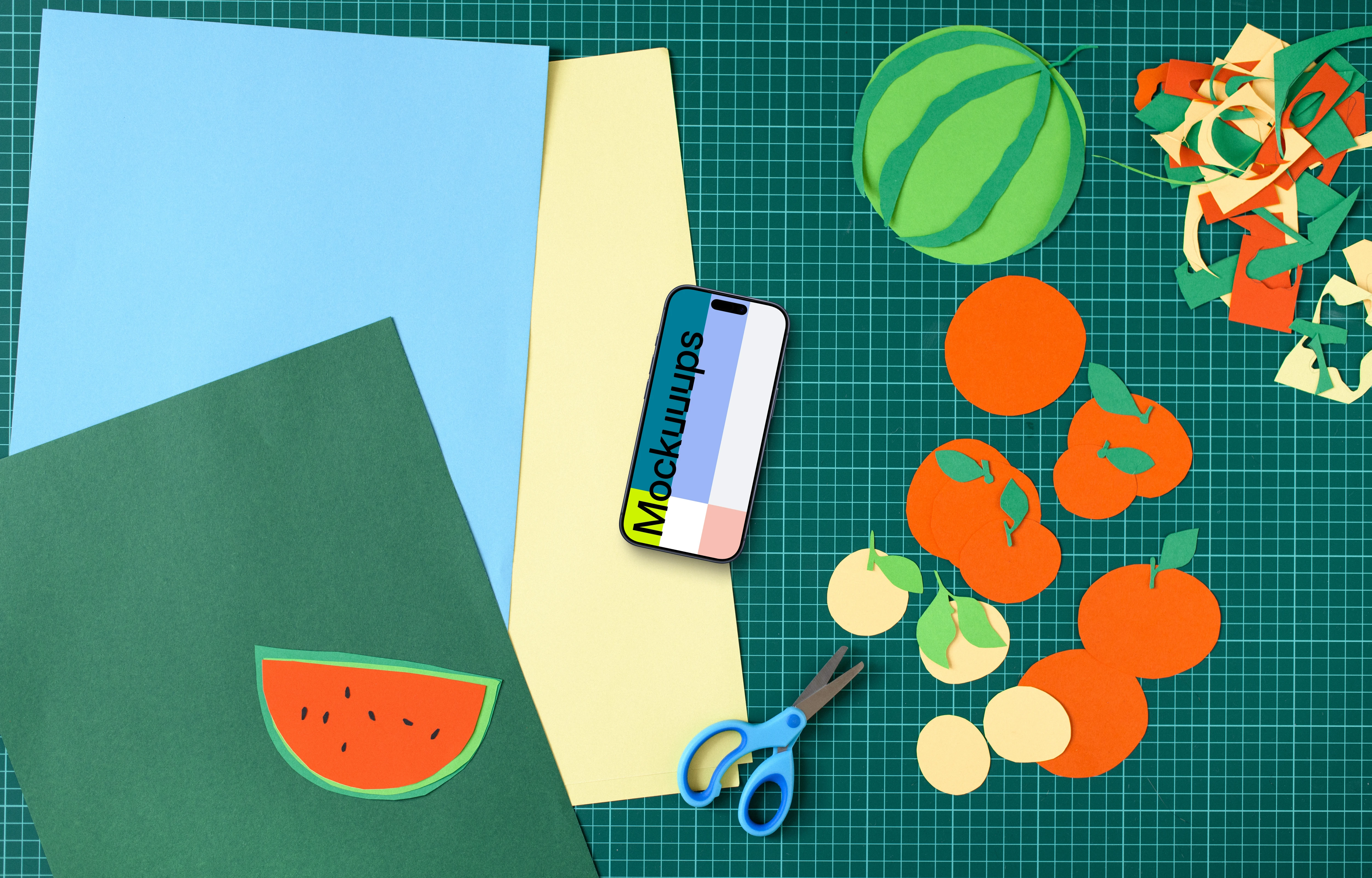 Smartphone mockup with crafty fruit paper cutouts