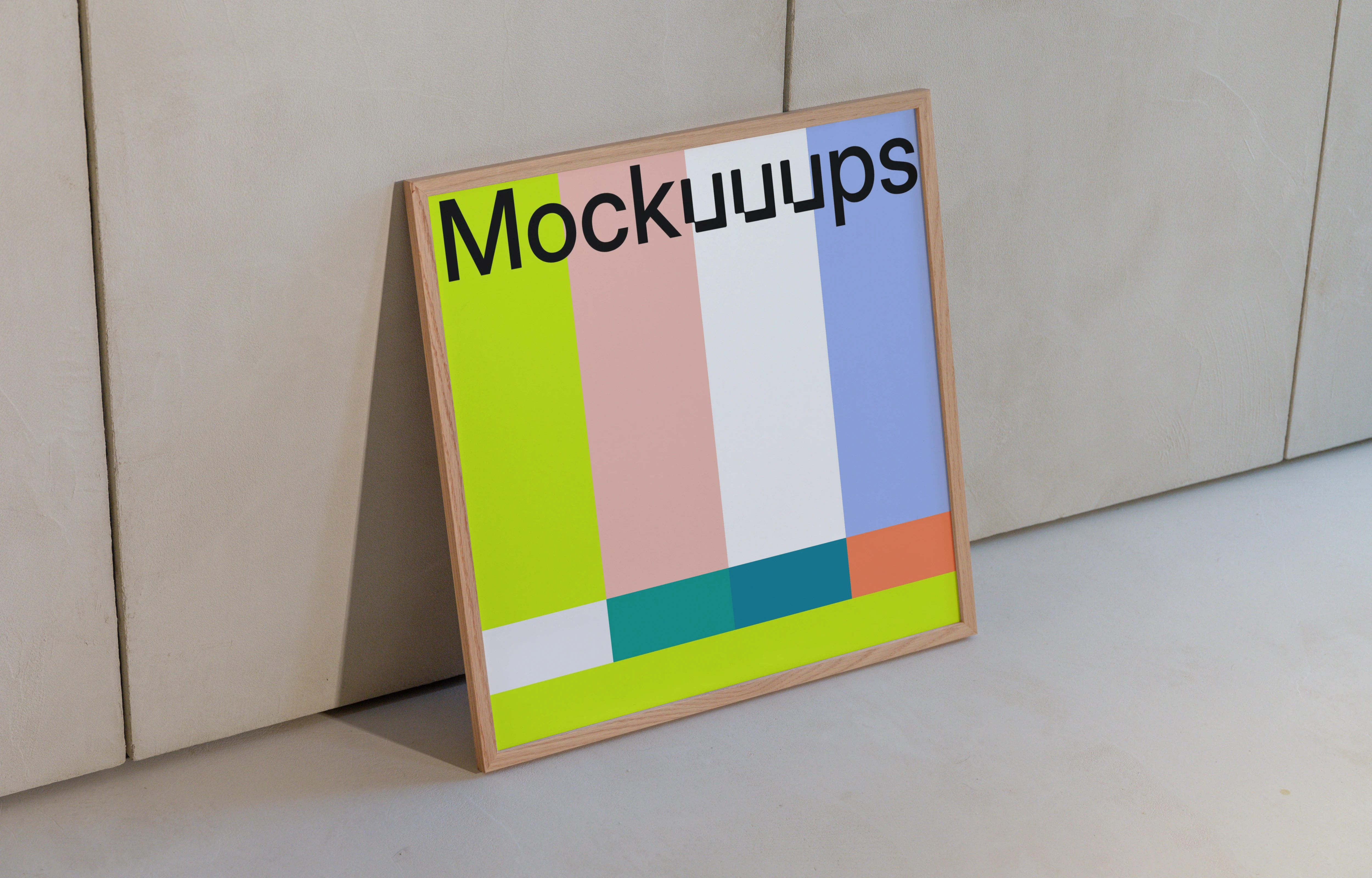 Square poster mockup leaning against a textured wall