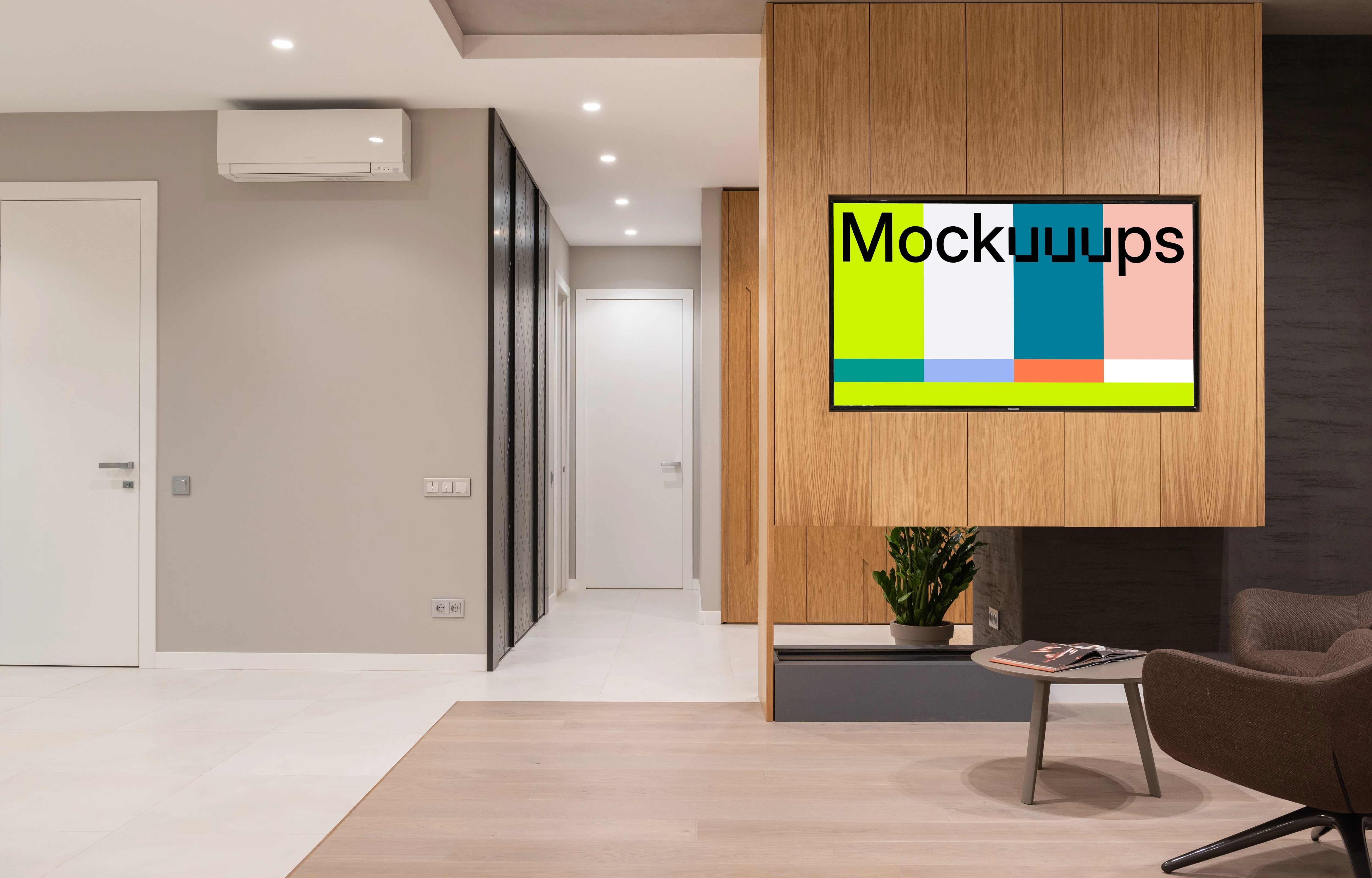 Television mockup built into wooden wall