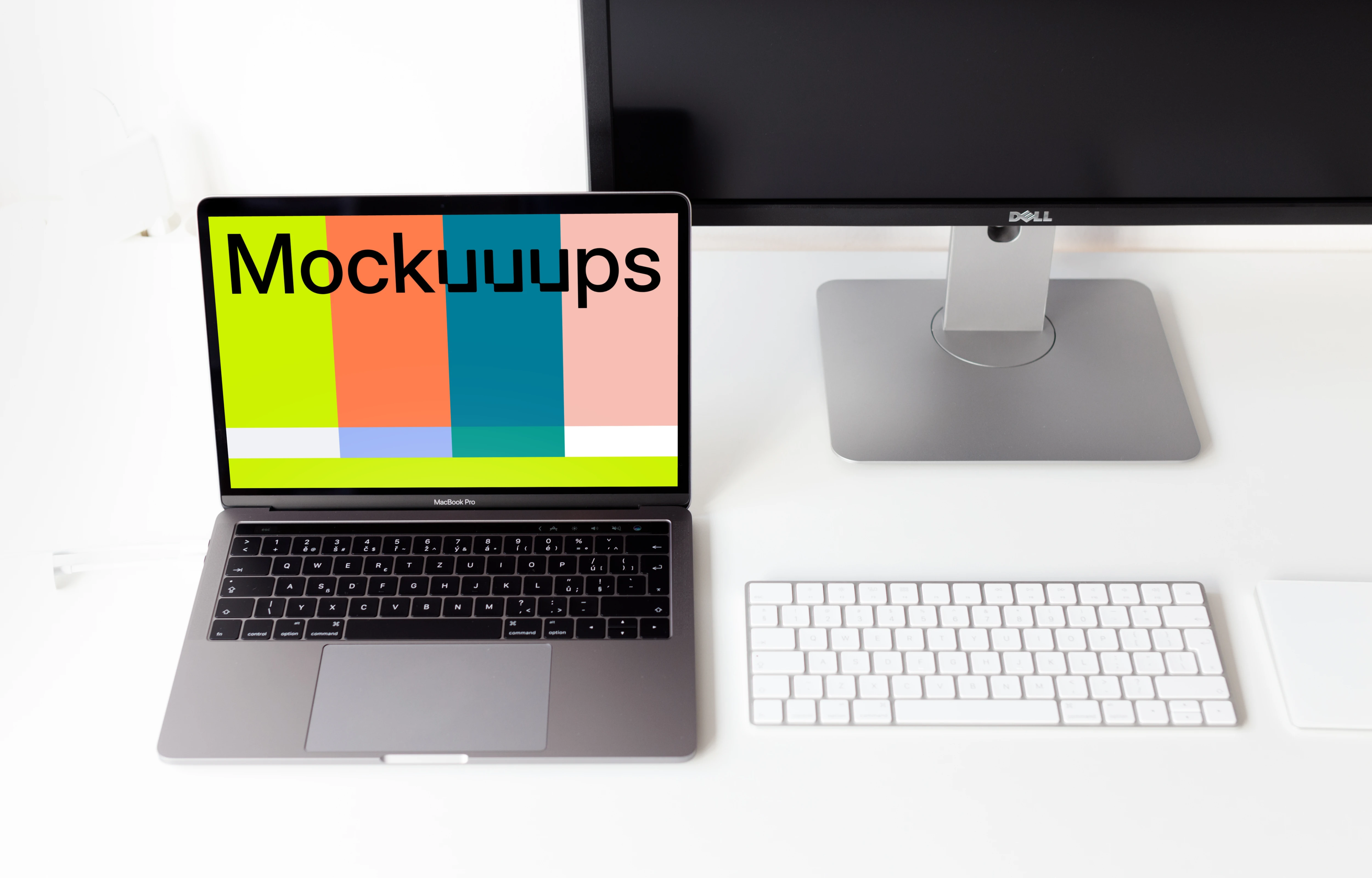 Top view mockup of the Macbook Pro on the white table