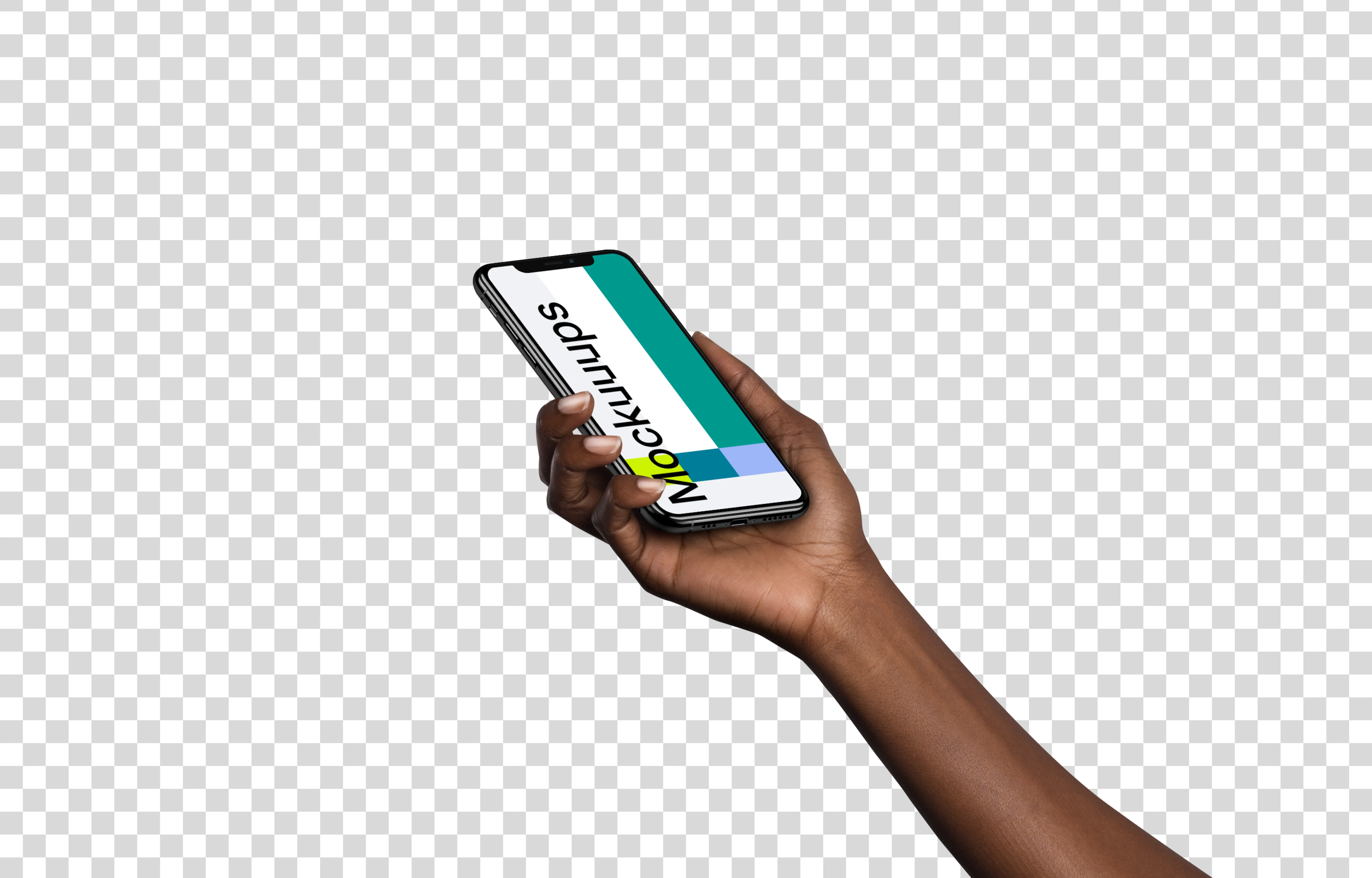 Woman holding iPhone XS mockup (Perspective - Transparent)
