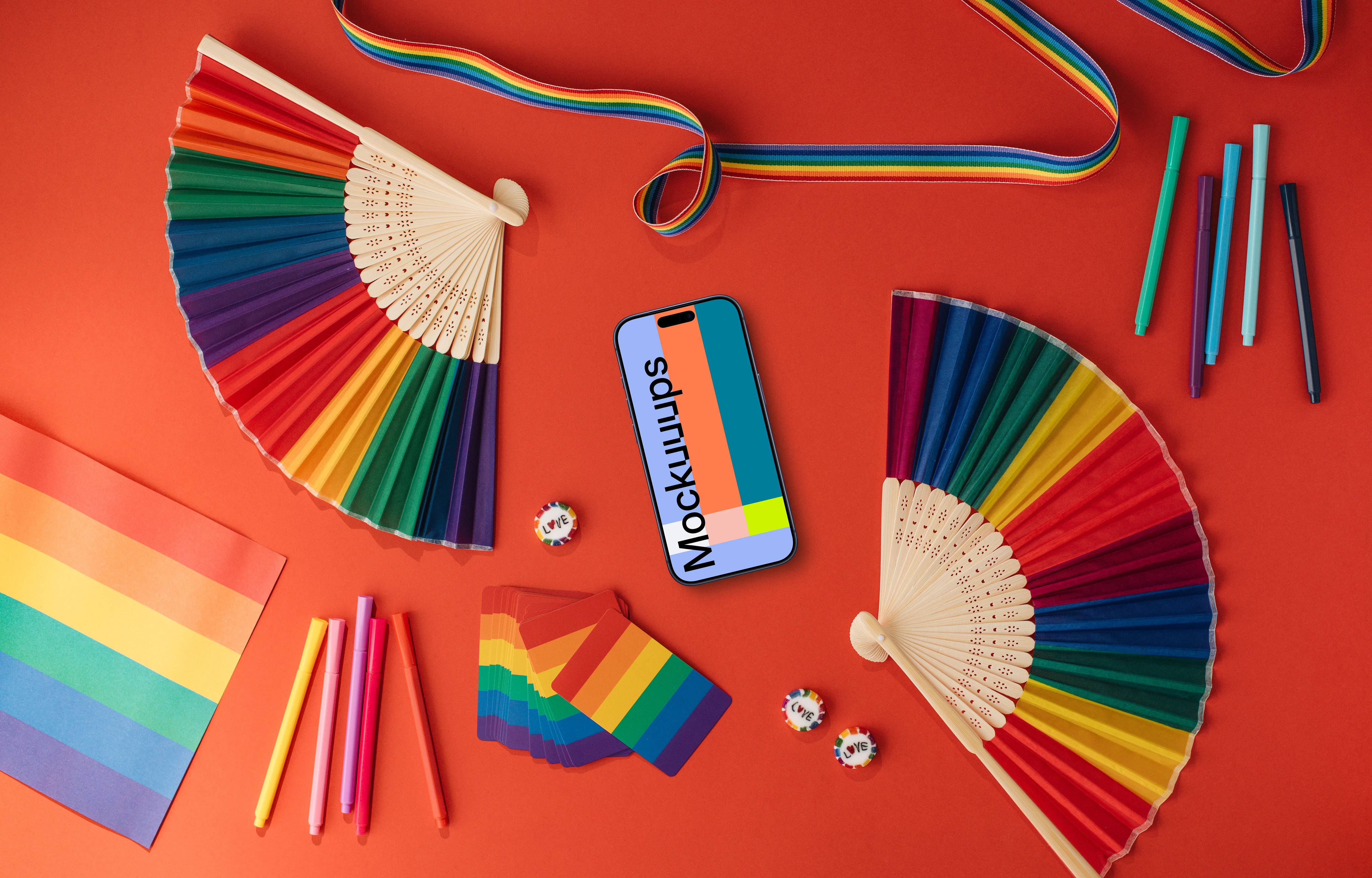 Smartphone mockup surrounded by rainbow items