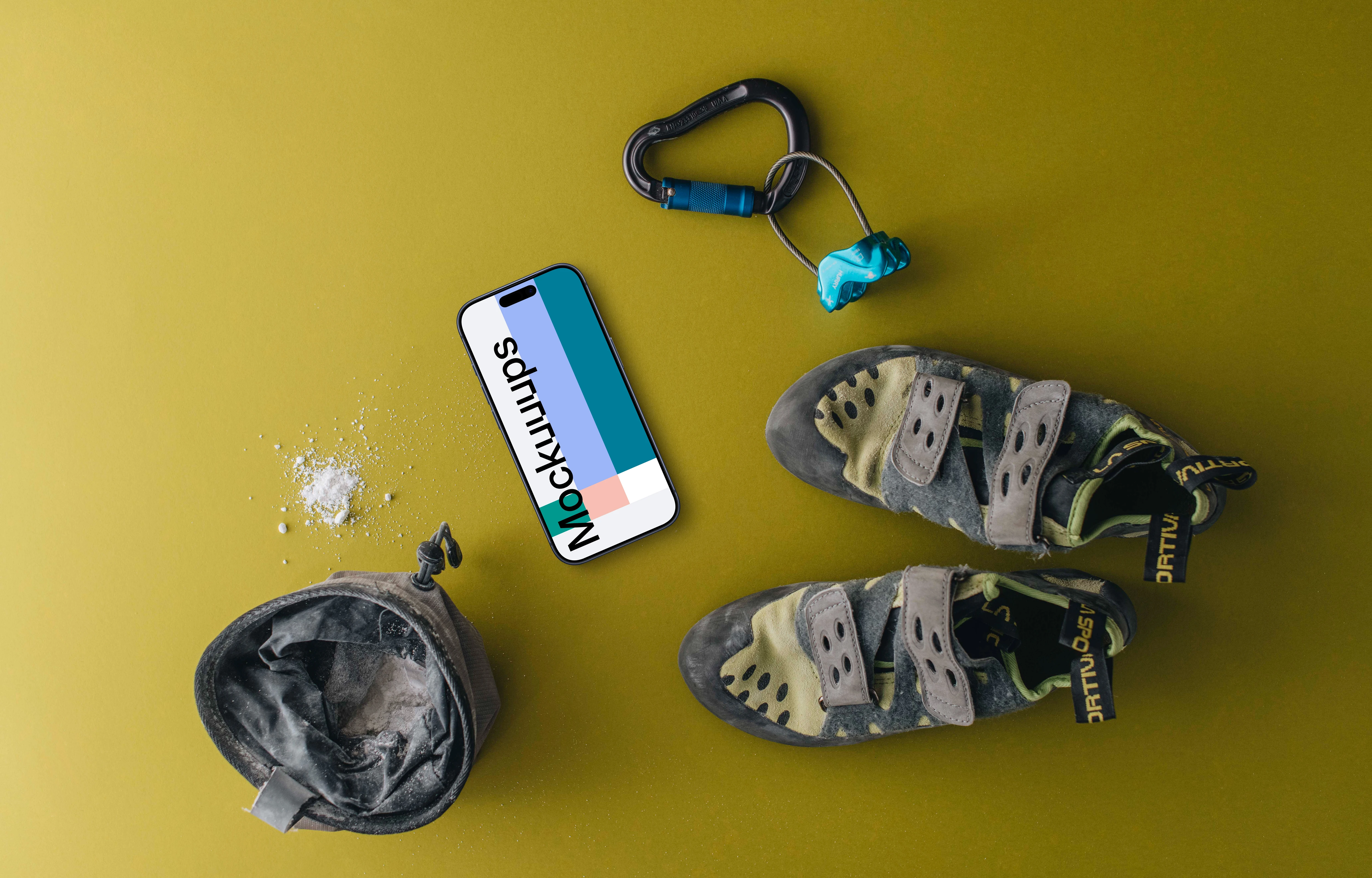 Climbing equipment with iPhone mockup